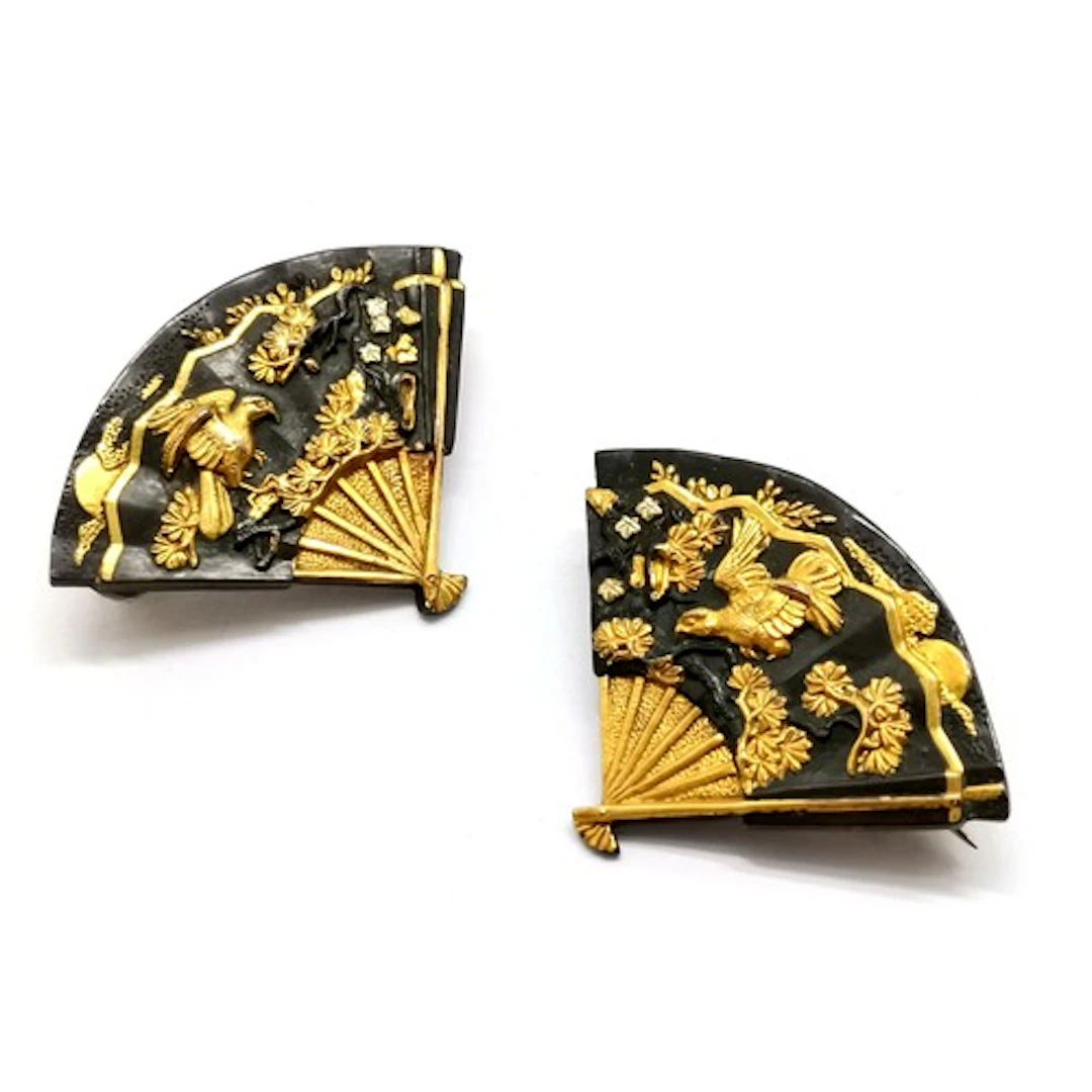 Antique Japanese shakudo fan brooches - 3.5cm across