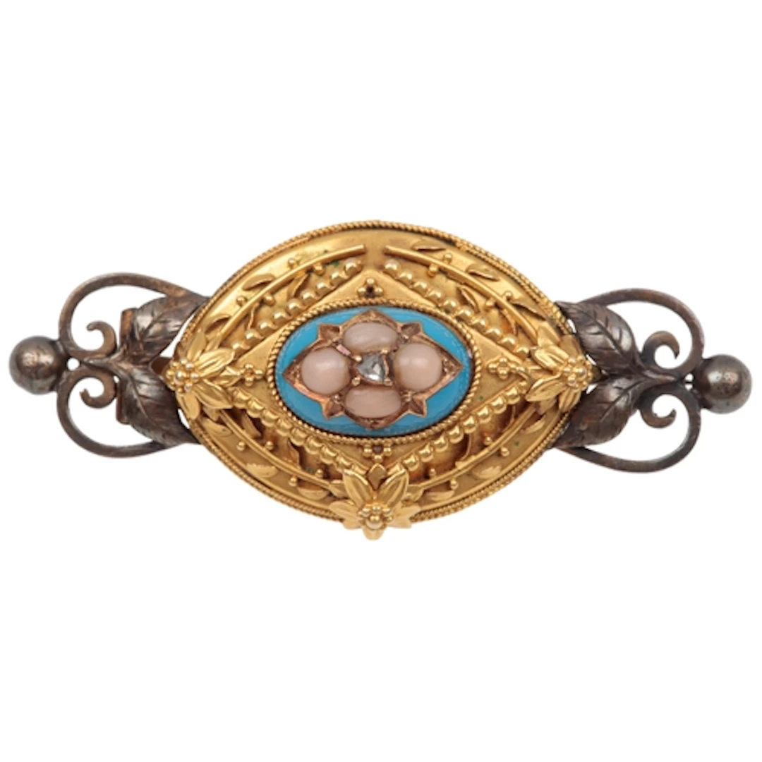 A Victorian enamel, coral and diamond brooch, mid 19th centu...