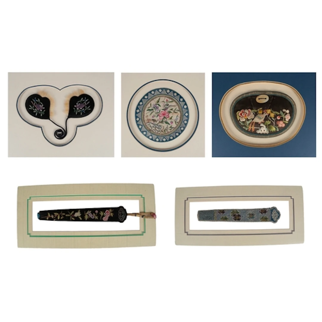 Five Chinese silk embroideries, late Qing dynasty, in decora...