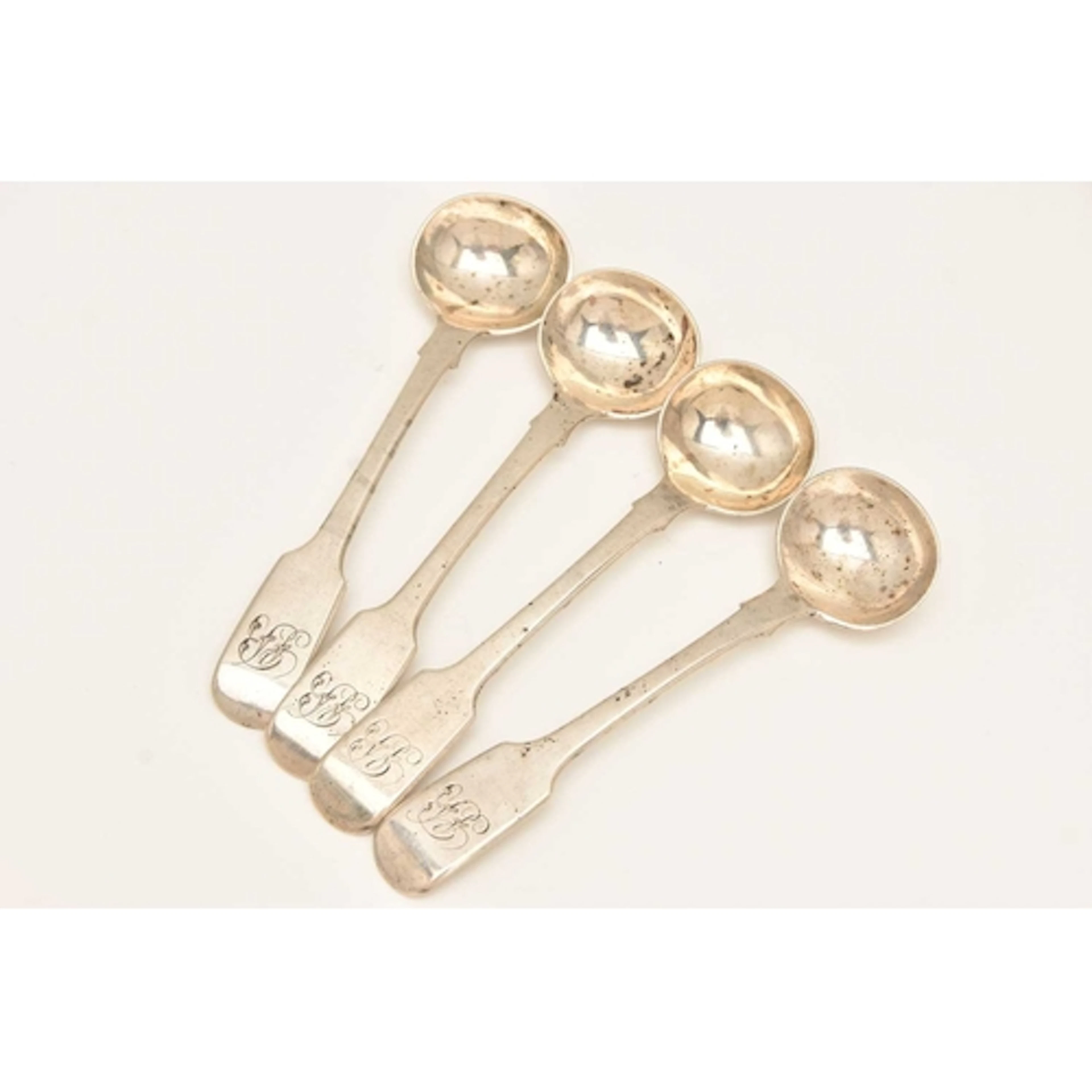 A SET OF FOUR EARLY VICTORIAN SILVER FIDDLE PATTERN SAUCE SP...