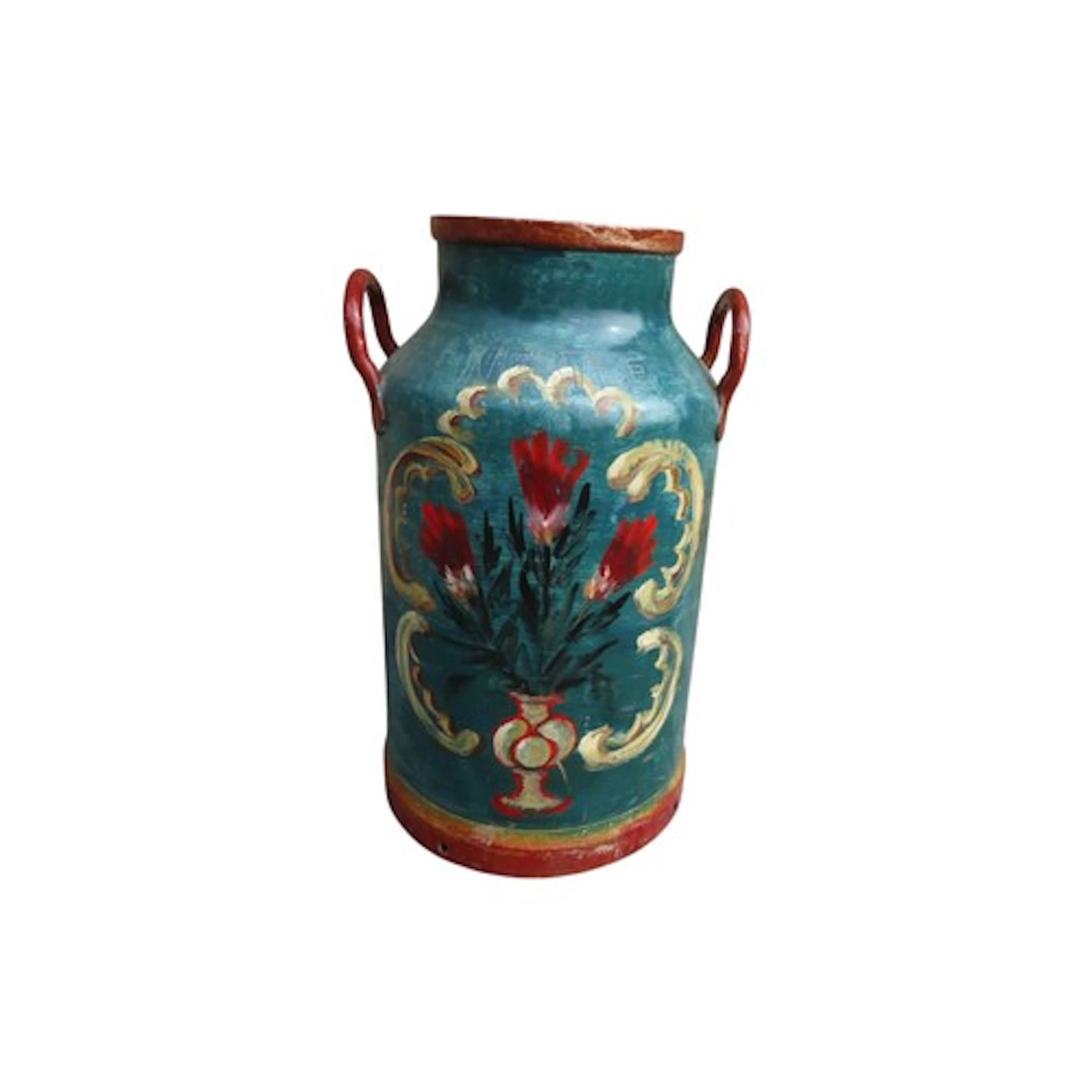 A vintage aluminium two handled milk churn with later painte...