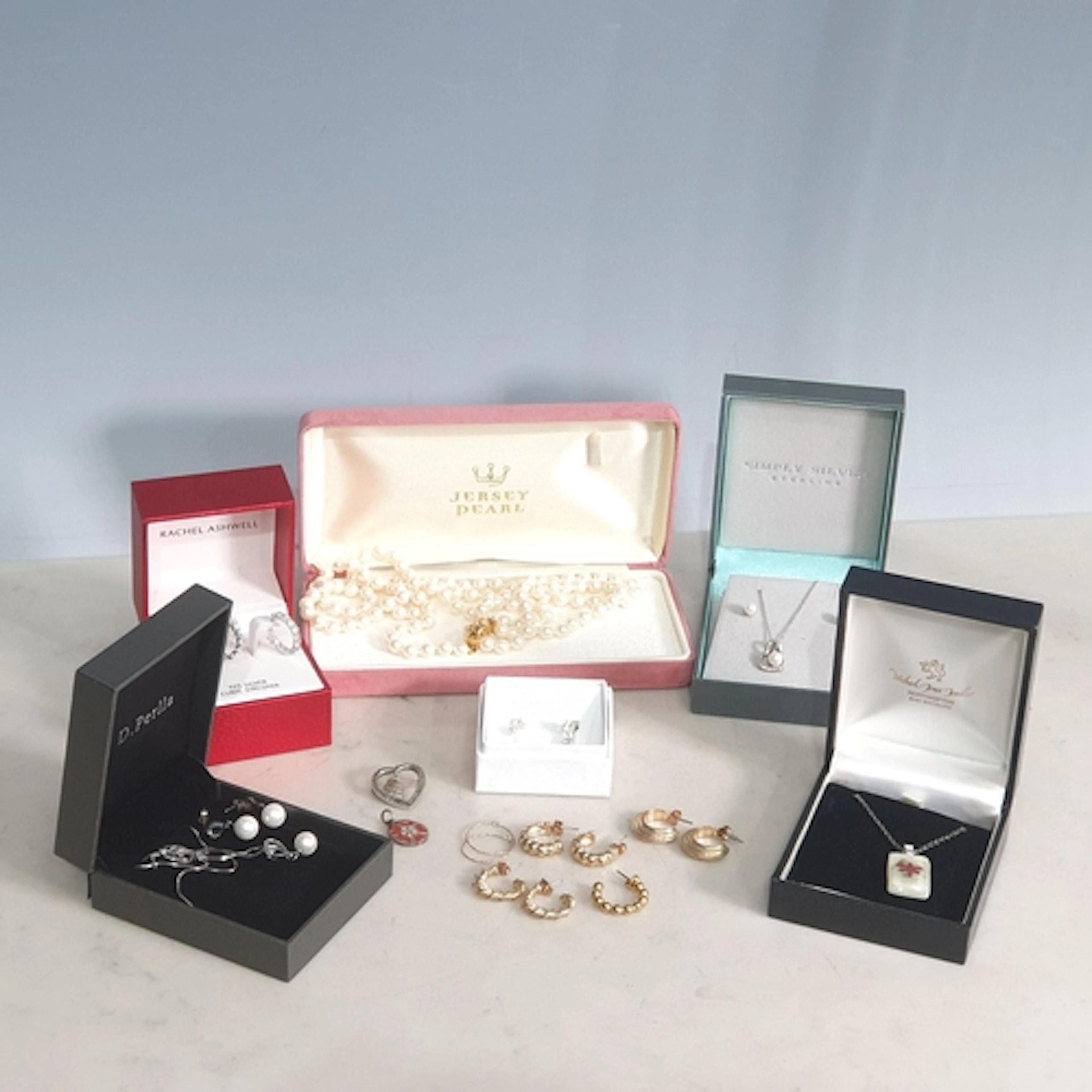 Two Necklace and Earrings Sets set faux pearls and white sto...