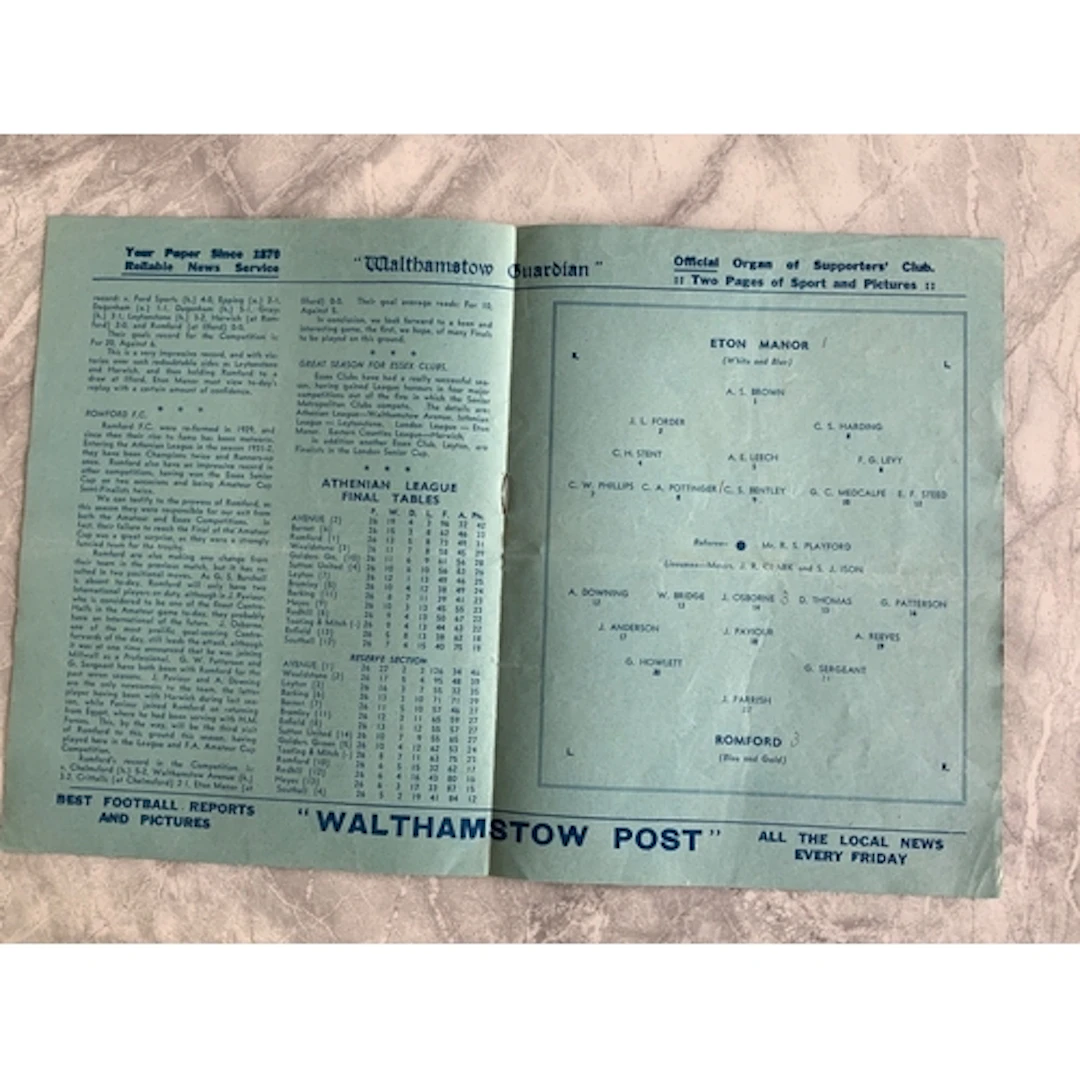 1938 Essex Senior Cup Final Replay Football Programme: Eton ...