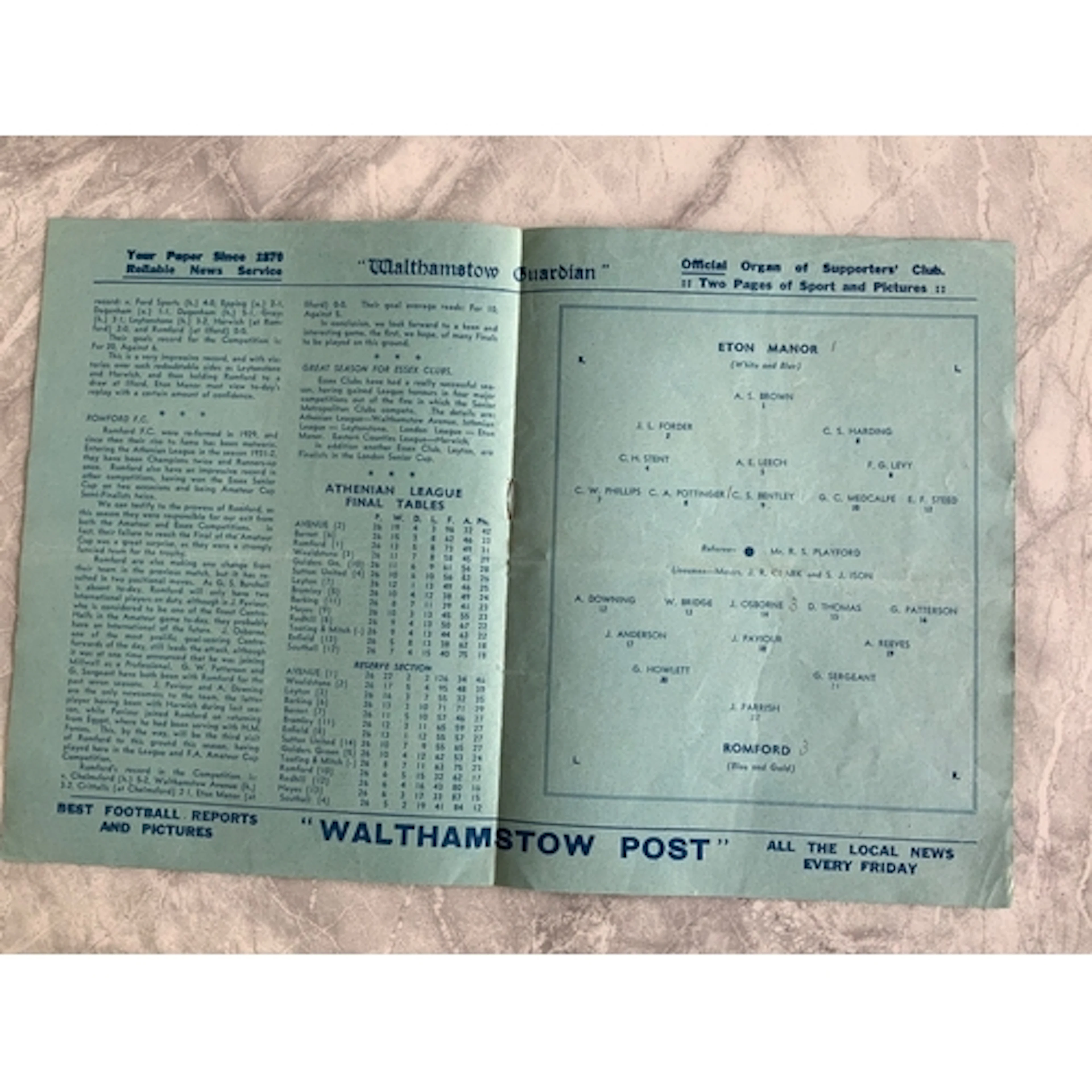 1938 Essex Senior Cup Final Replay Football Programme: Eton ...