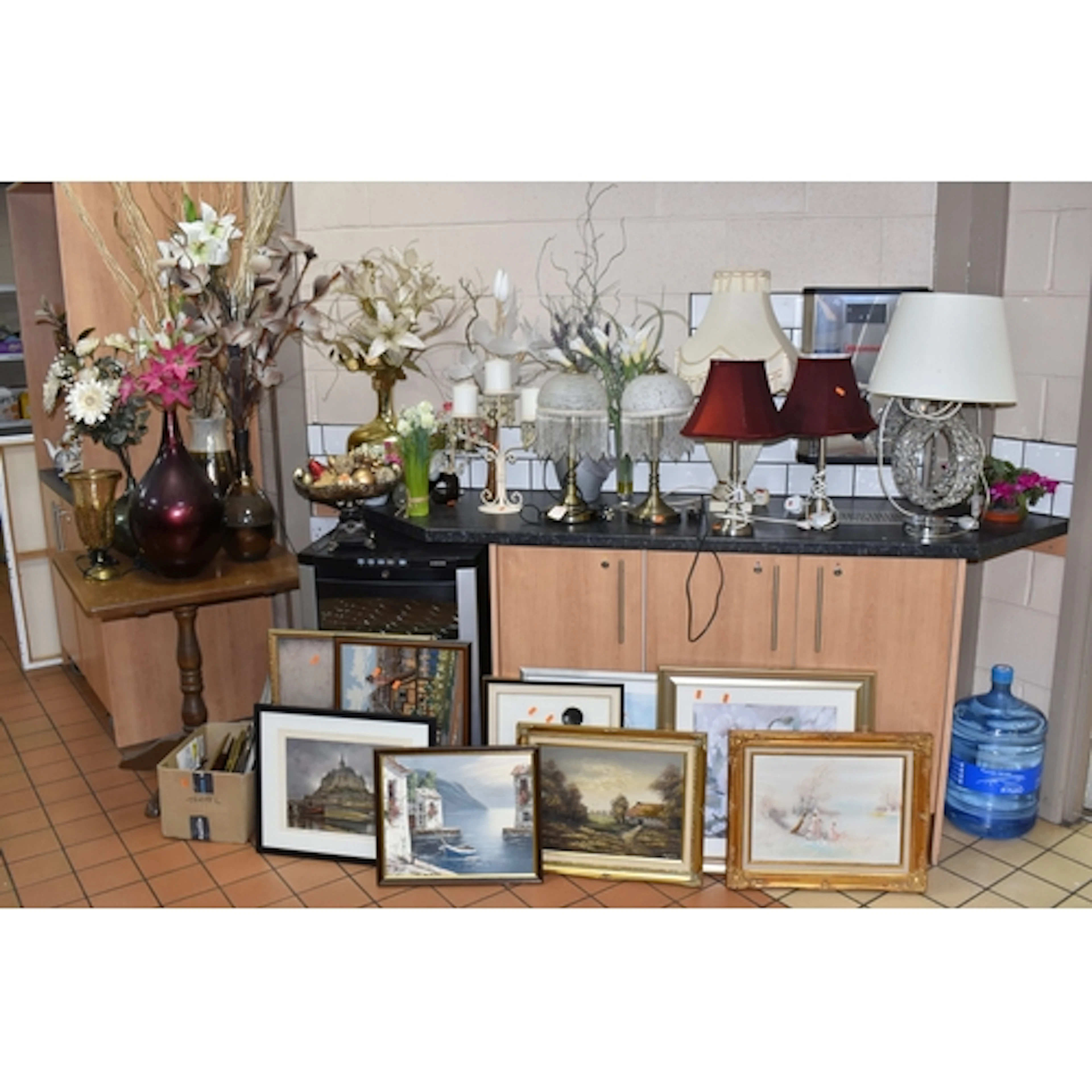 A GROUP OF TABLE LAMPS, VASES AND PICTURES, included a Next ...