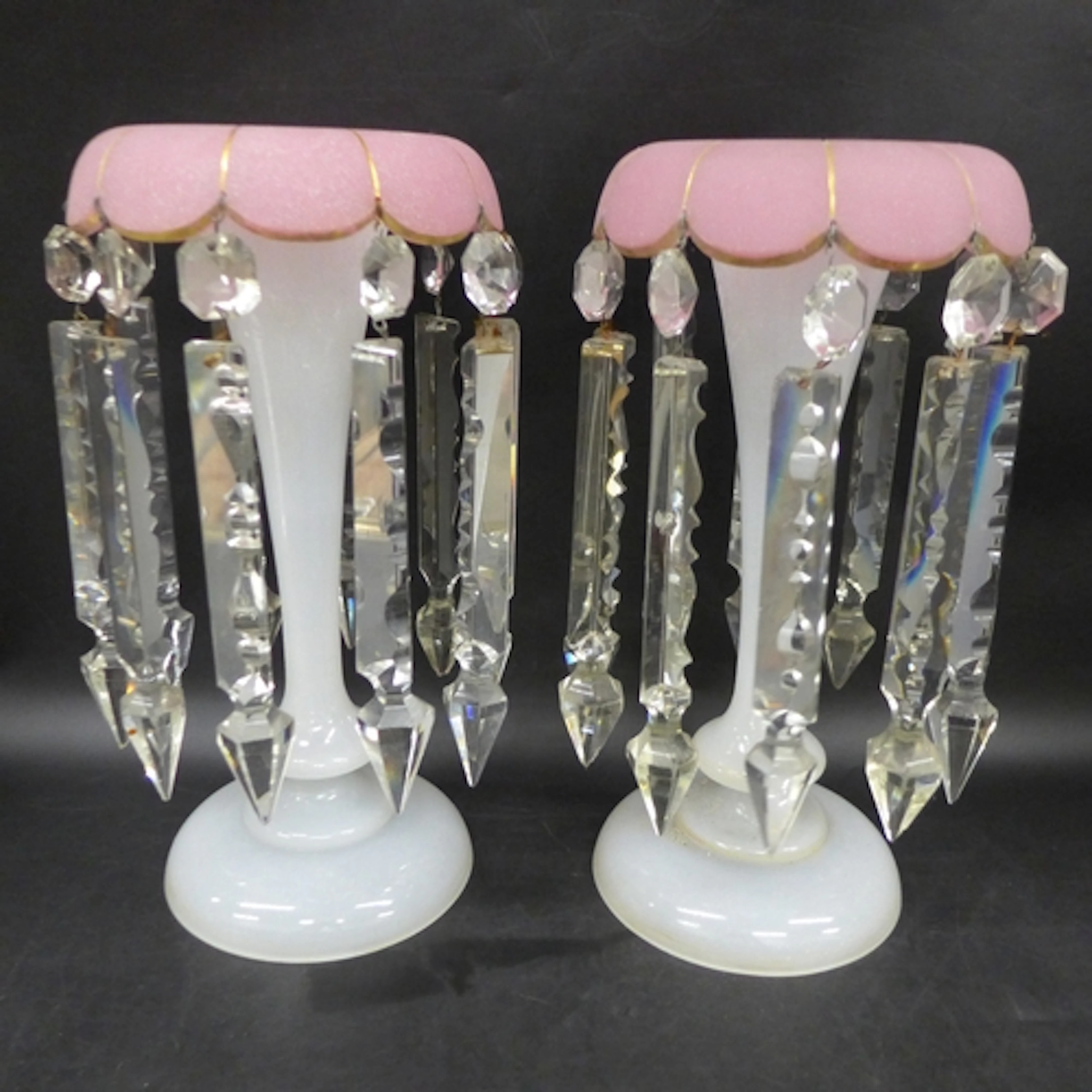 A pair of Victorian opaline glass lustre vases, pink scallop...