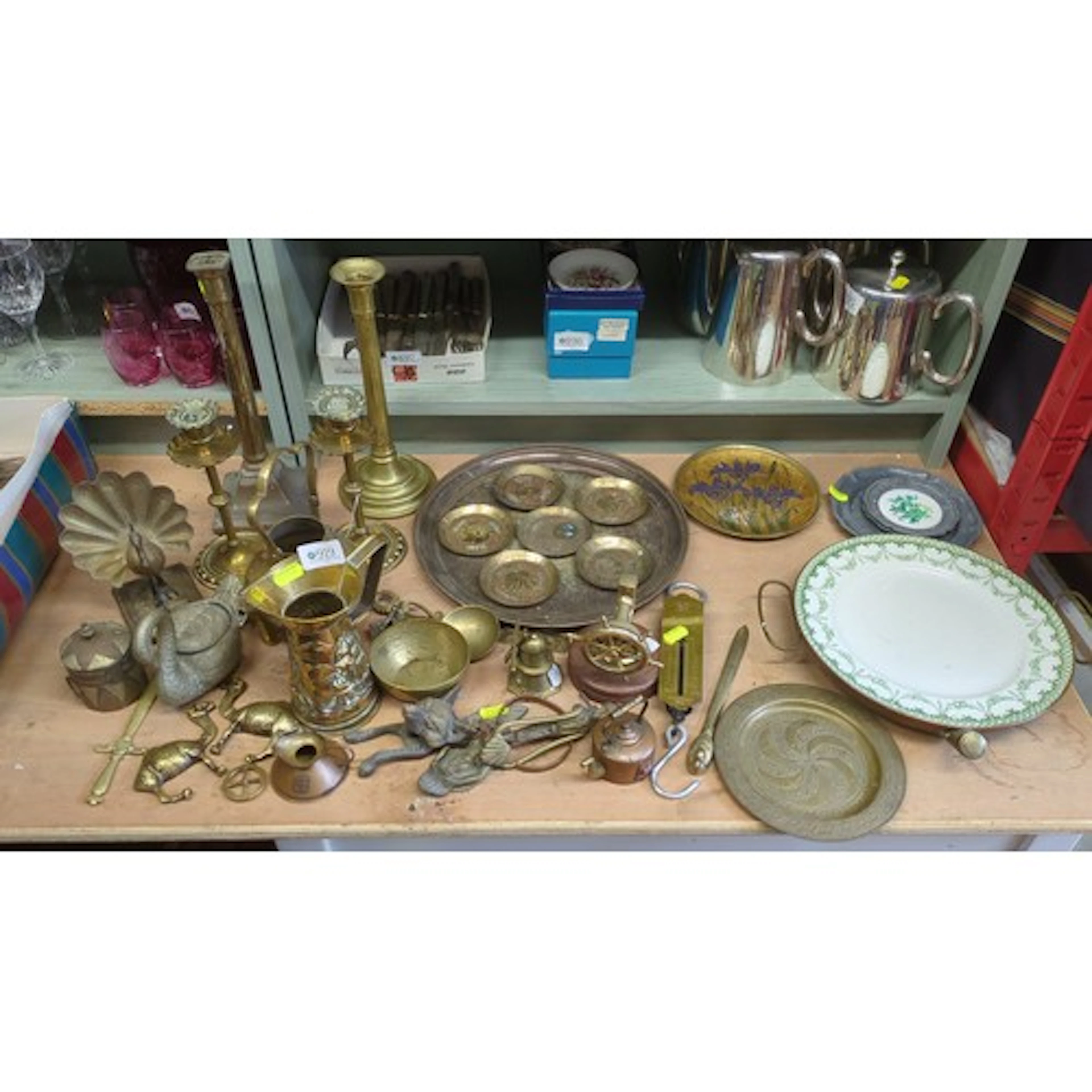 A quantity of mixed metalware and ceramics, including brass ...