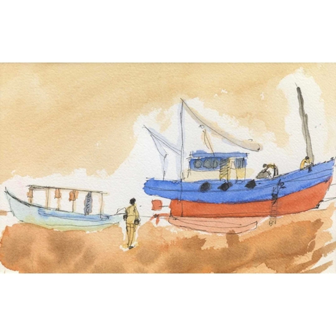 § John MILLER (1931-2002) Fishing Boats, Goa Gouache, stamp ...