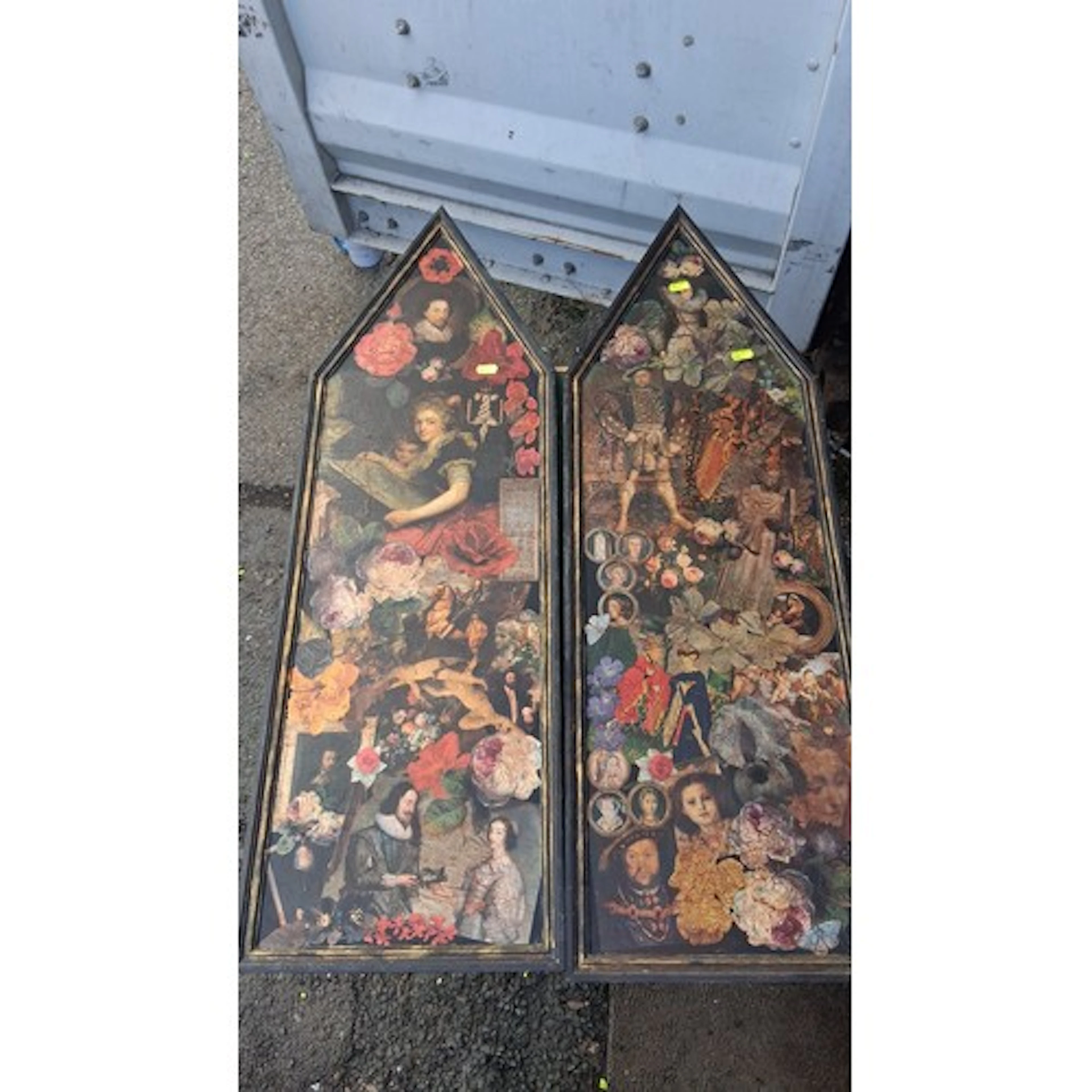 A pair of Gothic-arched framed collage pictures, printed wit...