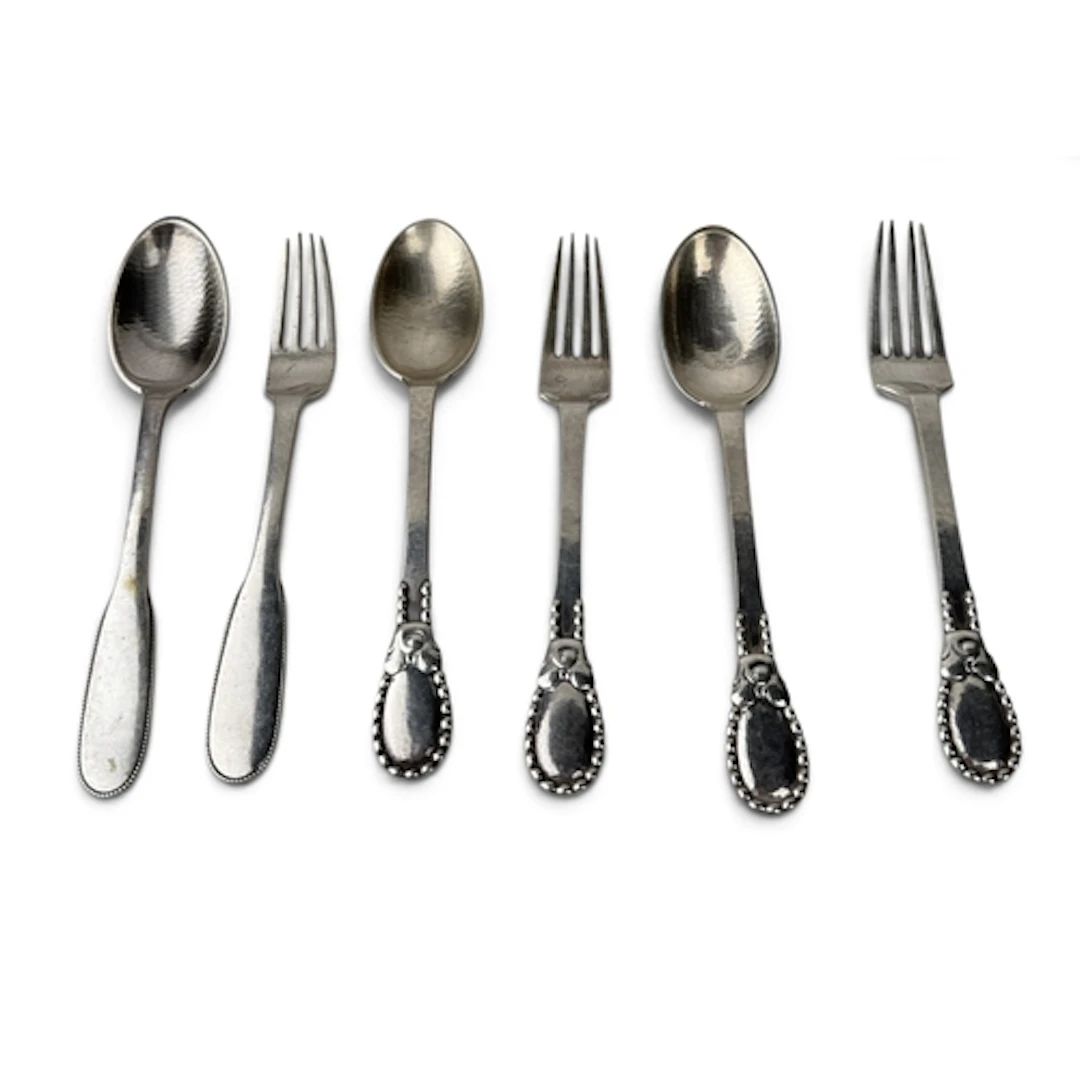 EVALD NIELSEN: THREE PAIRS OF DANISH SILVER SPOONS AND FORKS...