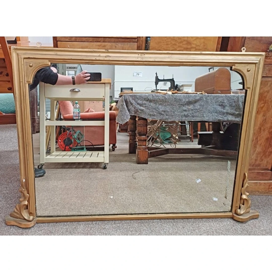 19TH CENTURY GILT FRAMED OVERMANTLE MIRROR, GLASS 70 X 97 CM