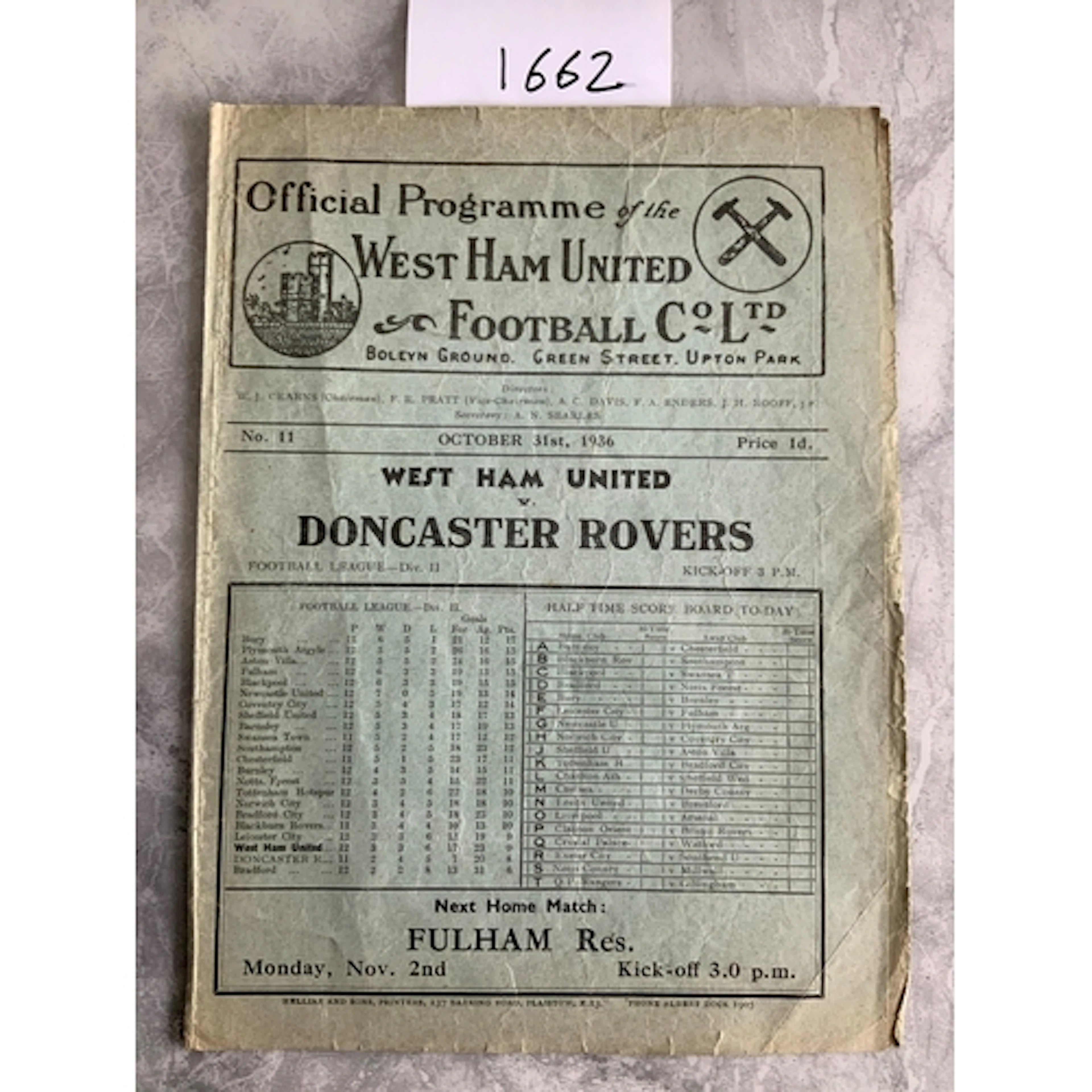 36/37 West Ham v Doncaster Rovers Football Programme: Fair/g...