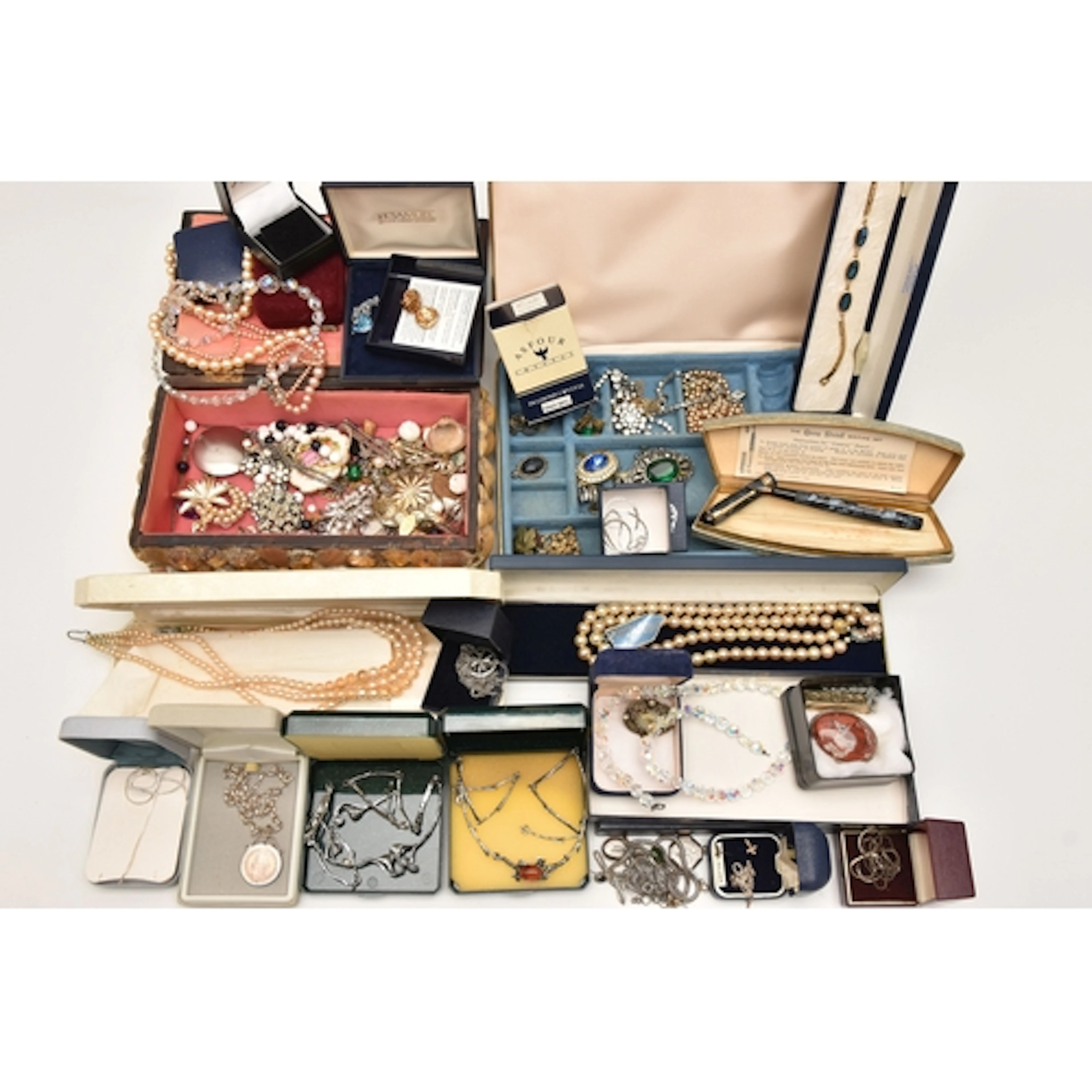 A BOX OF ASSORTED WHITE METAL/SILVER AND COSTUME JEWELLERY, ...