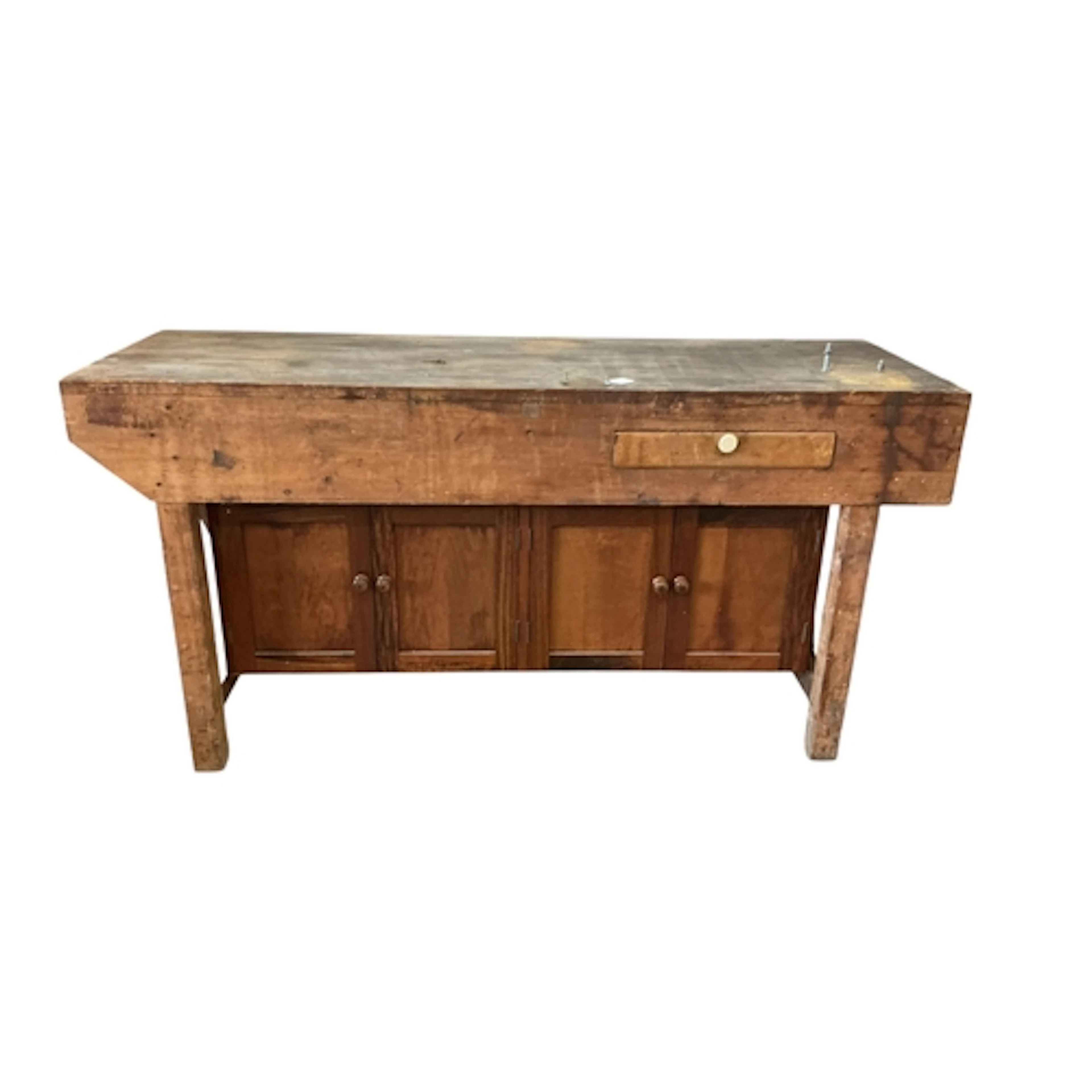 A woodworking pine work bench with an integral drawer and la...