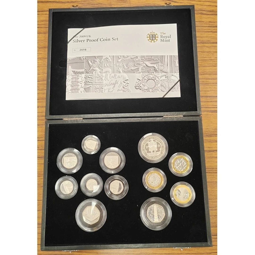 2009 silver proof cased set of 12 FDC, includes 2009 50p Kew...