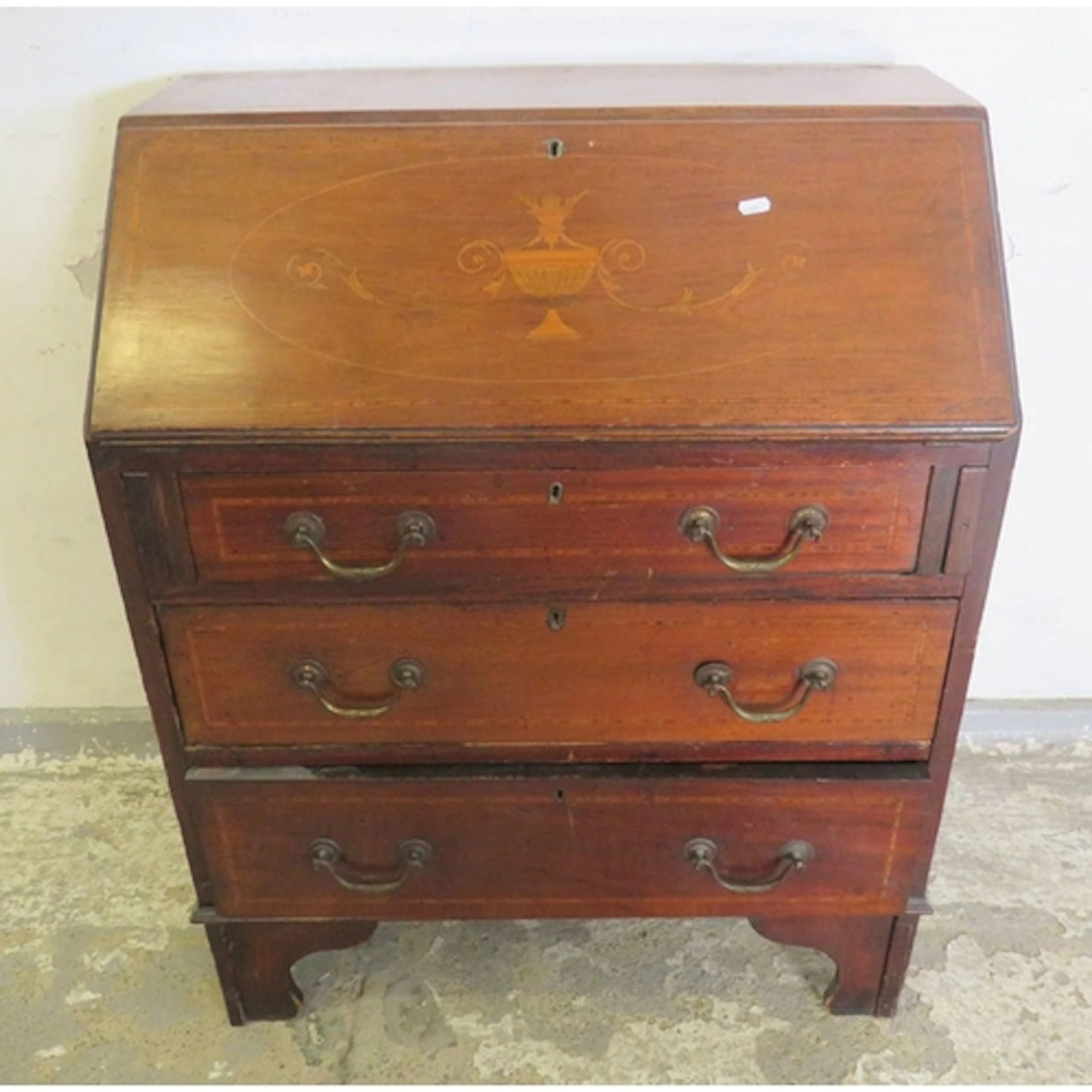 Vintage Dark Wooden Bureau, 3 drawers, brass swan neck handl...