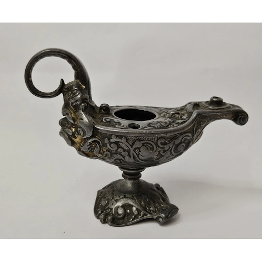 Metal Oil Lamp, possibly Victorian with remains of gilding a...