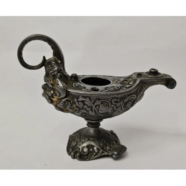 Metal Oil Lamp, possibly Victorian with remains of gilding a...