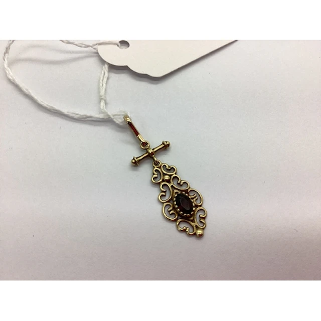 A Victorian Style Drop Pendant, oval collet set within scrol...