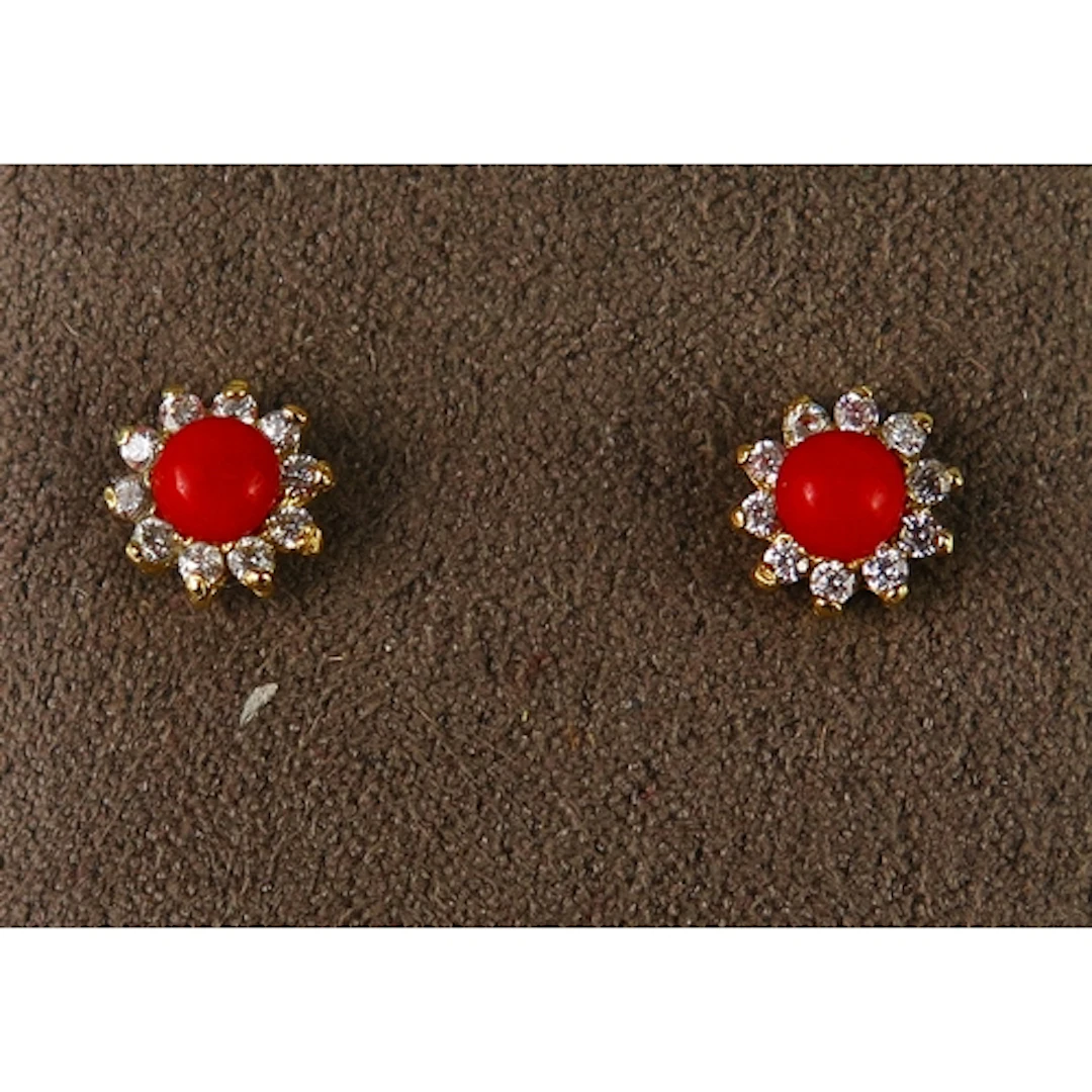 A pair of coral and CZ cluster stud earrings in 14K yellow g...
