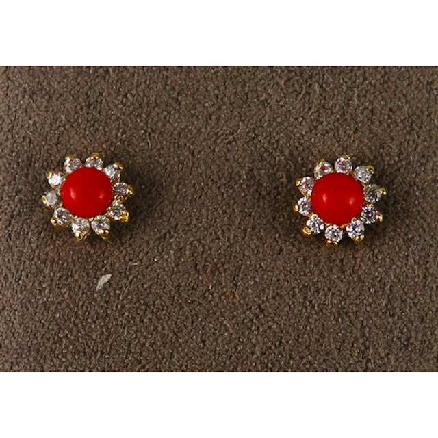 A pair of coral and CZ cluster stud earrings in 14K yellow g...