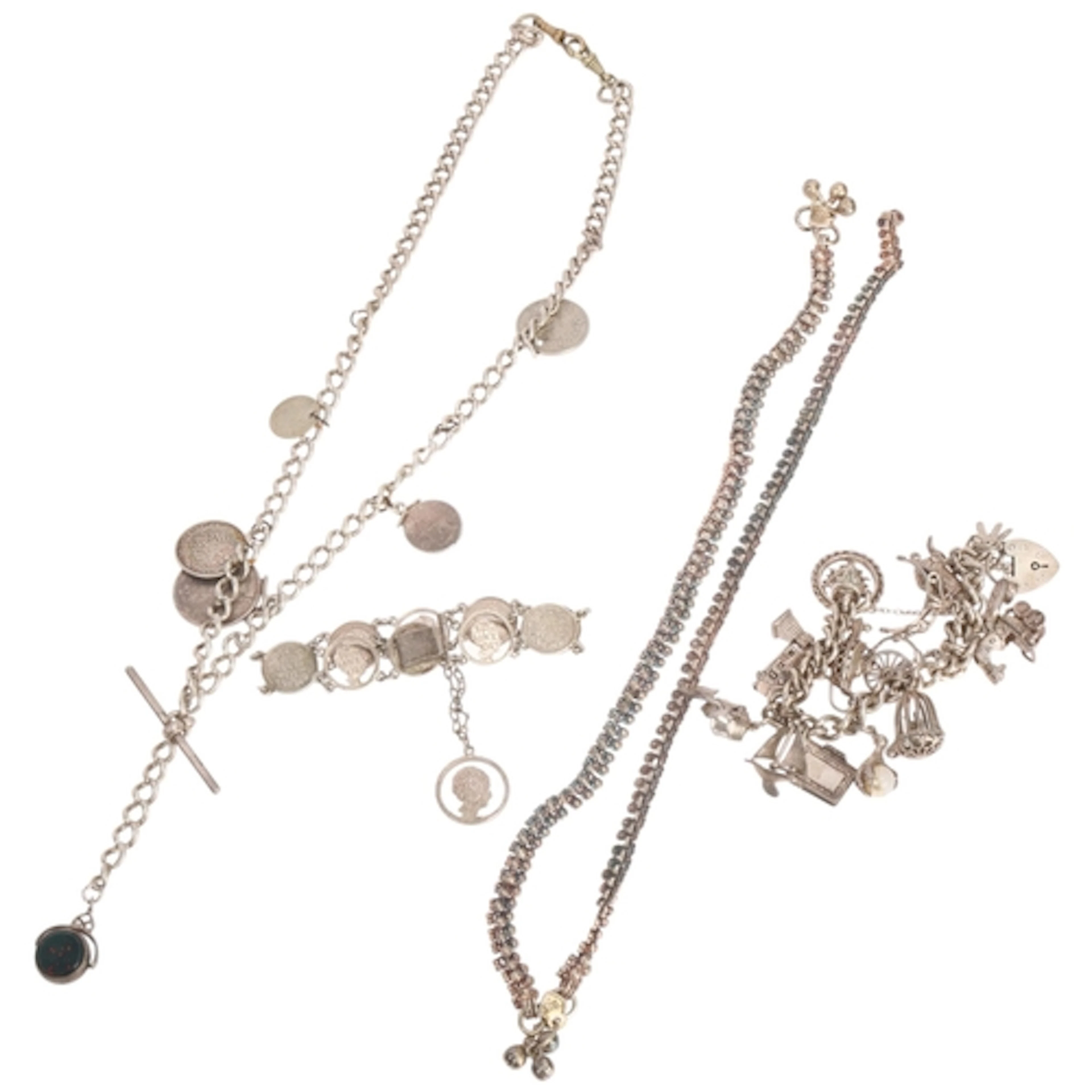 Various silver jewellery, including Albert chain necklace wi...