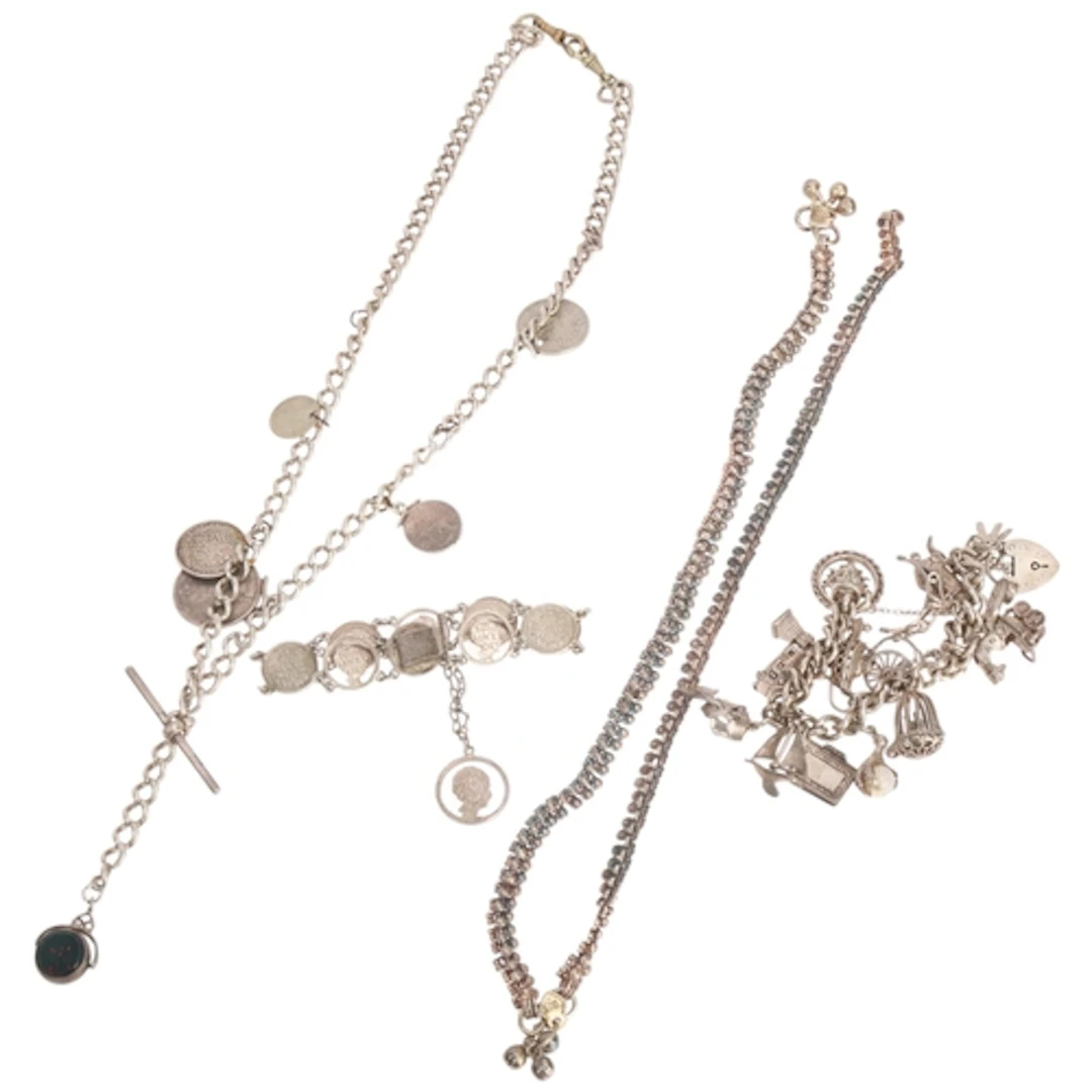 Various silver jewellery, including Albert chain necklace wi...