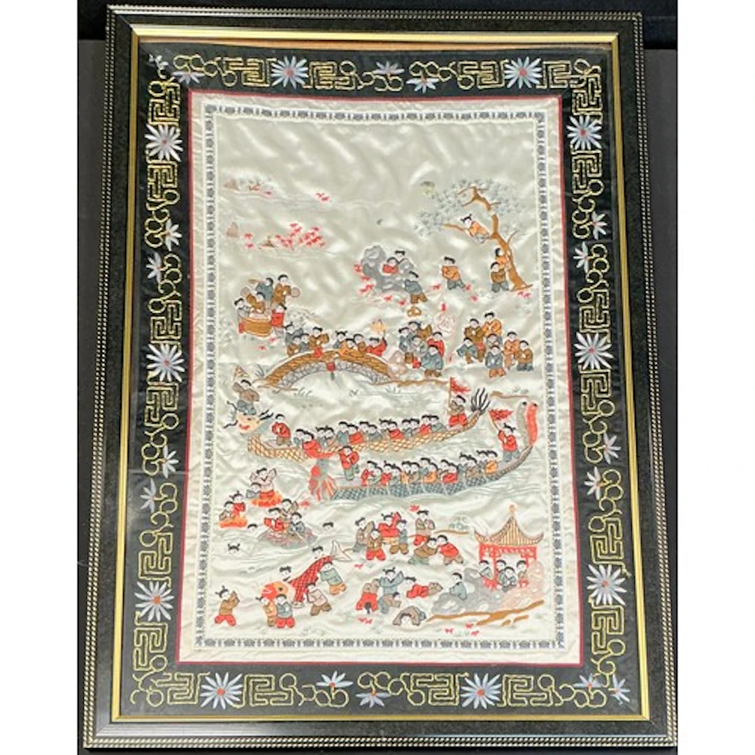 A Chinese needlework panel ‘hundred children’ Features child...