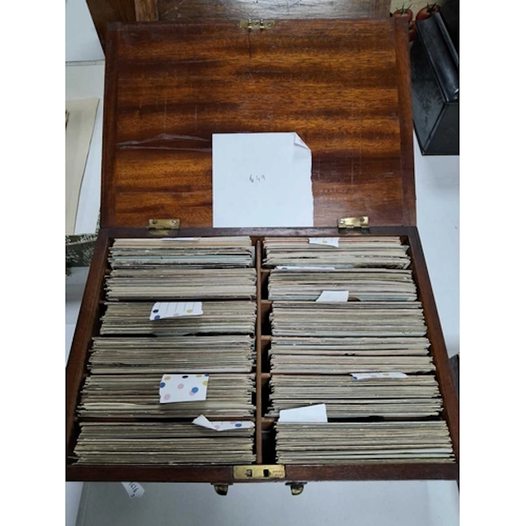 A MAHOGANY BOX OF EARLY 20th CENTURY POSTCARDS containing ap...