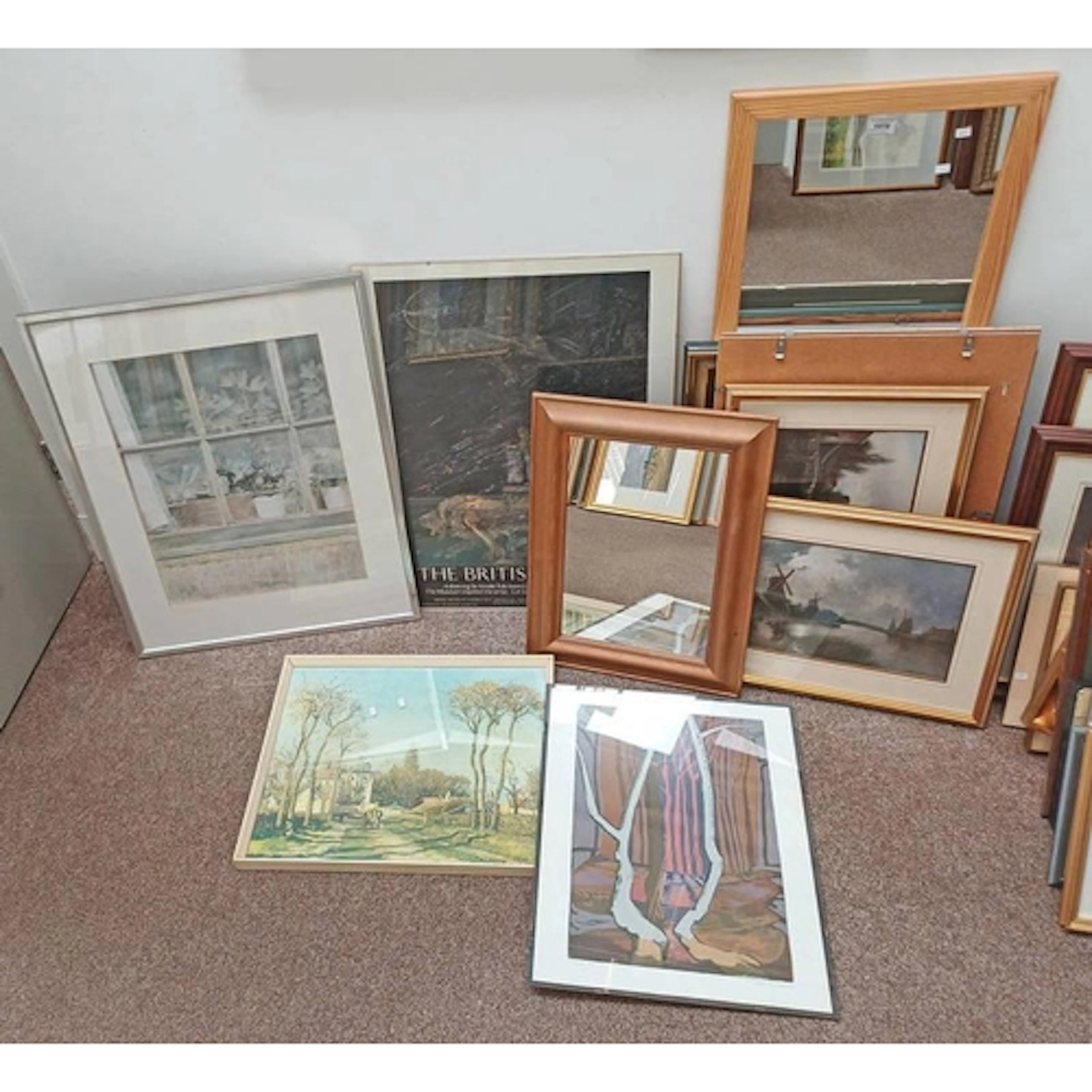 FRAMED POSTER FOR THE BRITISH MUSEUM, PINE FRAMED MIRROR, ET...