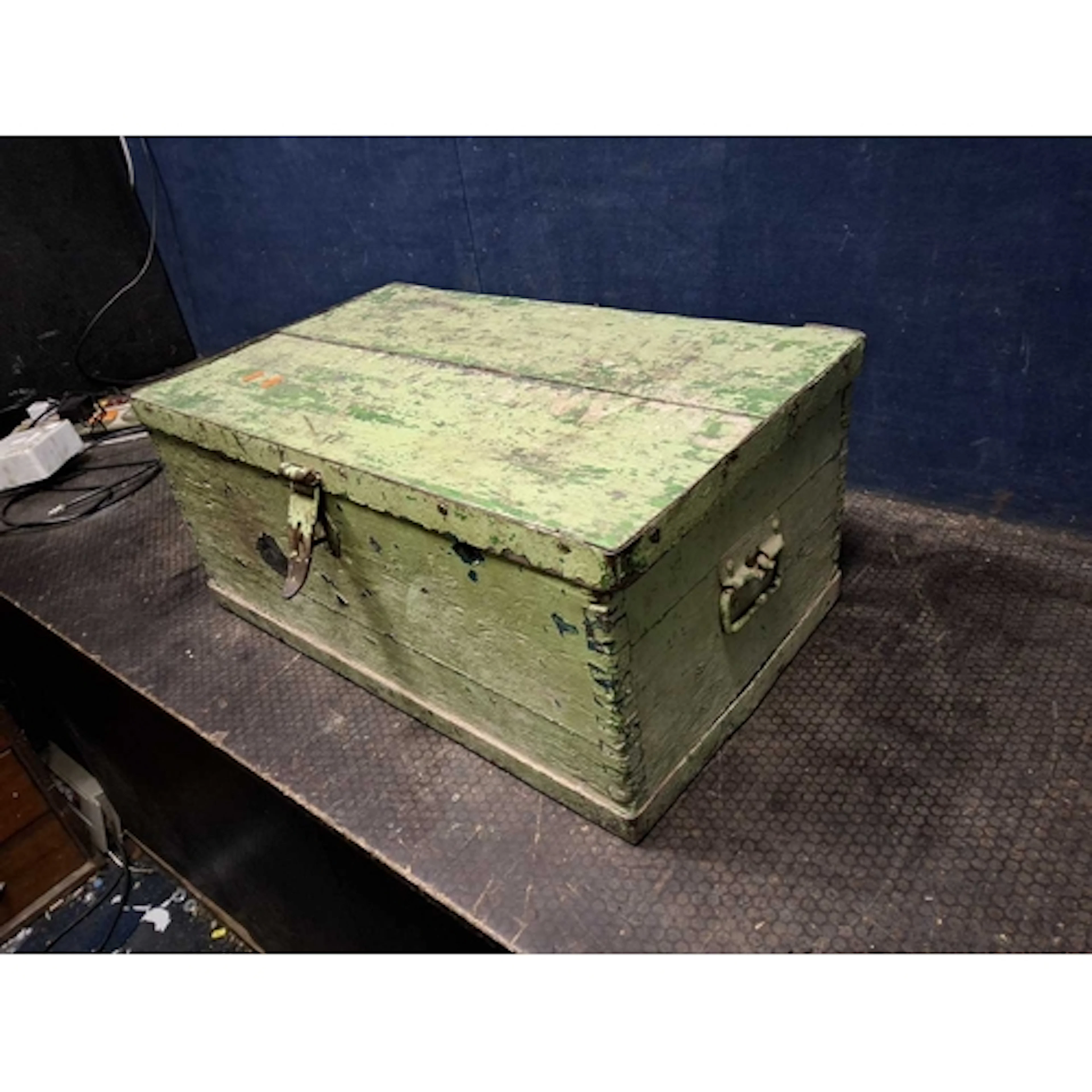 A VINTAGE PINE TOOL CHEST with an iron-banded top and base c...