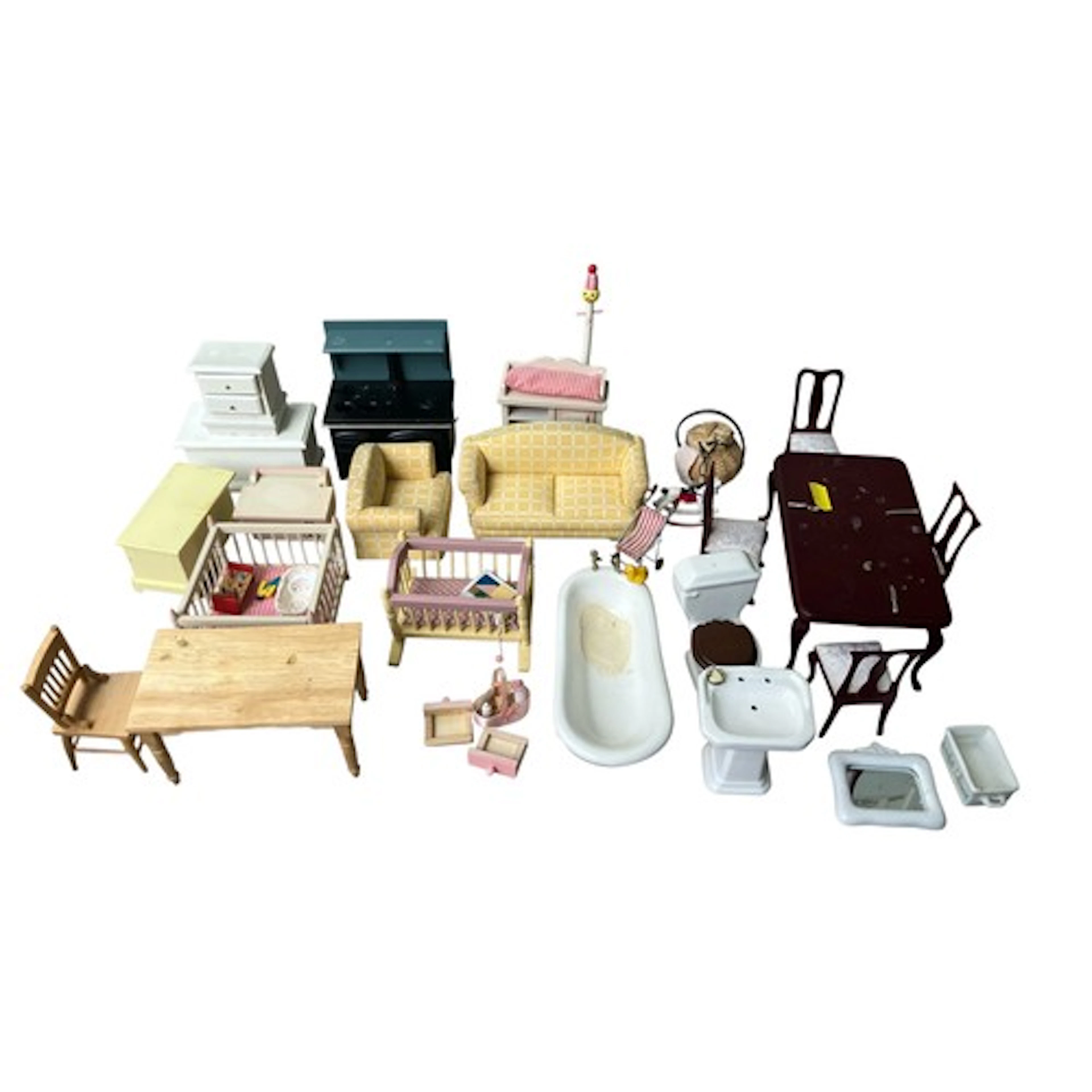 Box of vintage doll's house furniture inc. cooker, bathroom ...