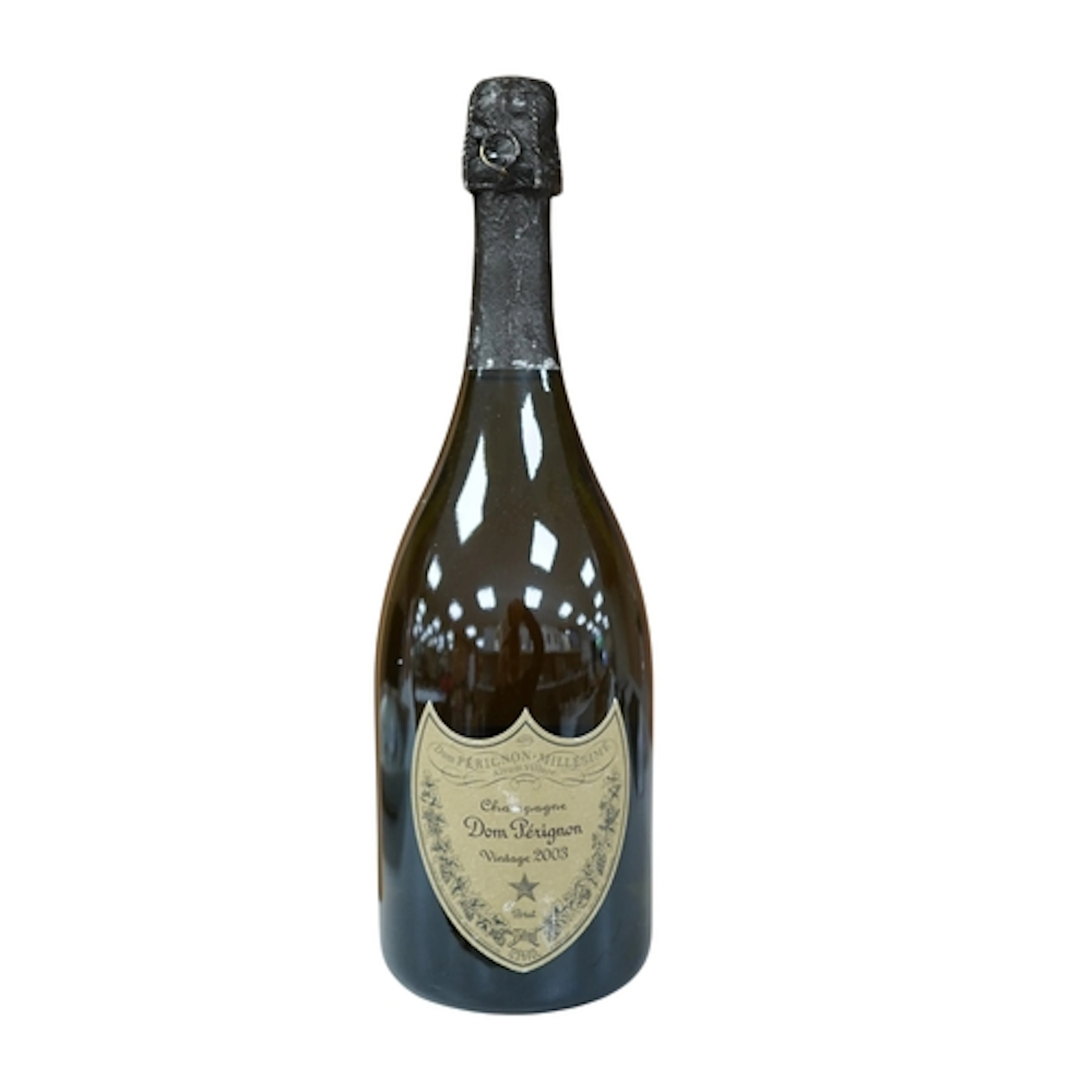 A 2003 vintage bottle of Dom Perignon champagne.