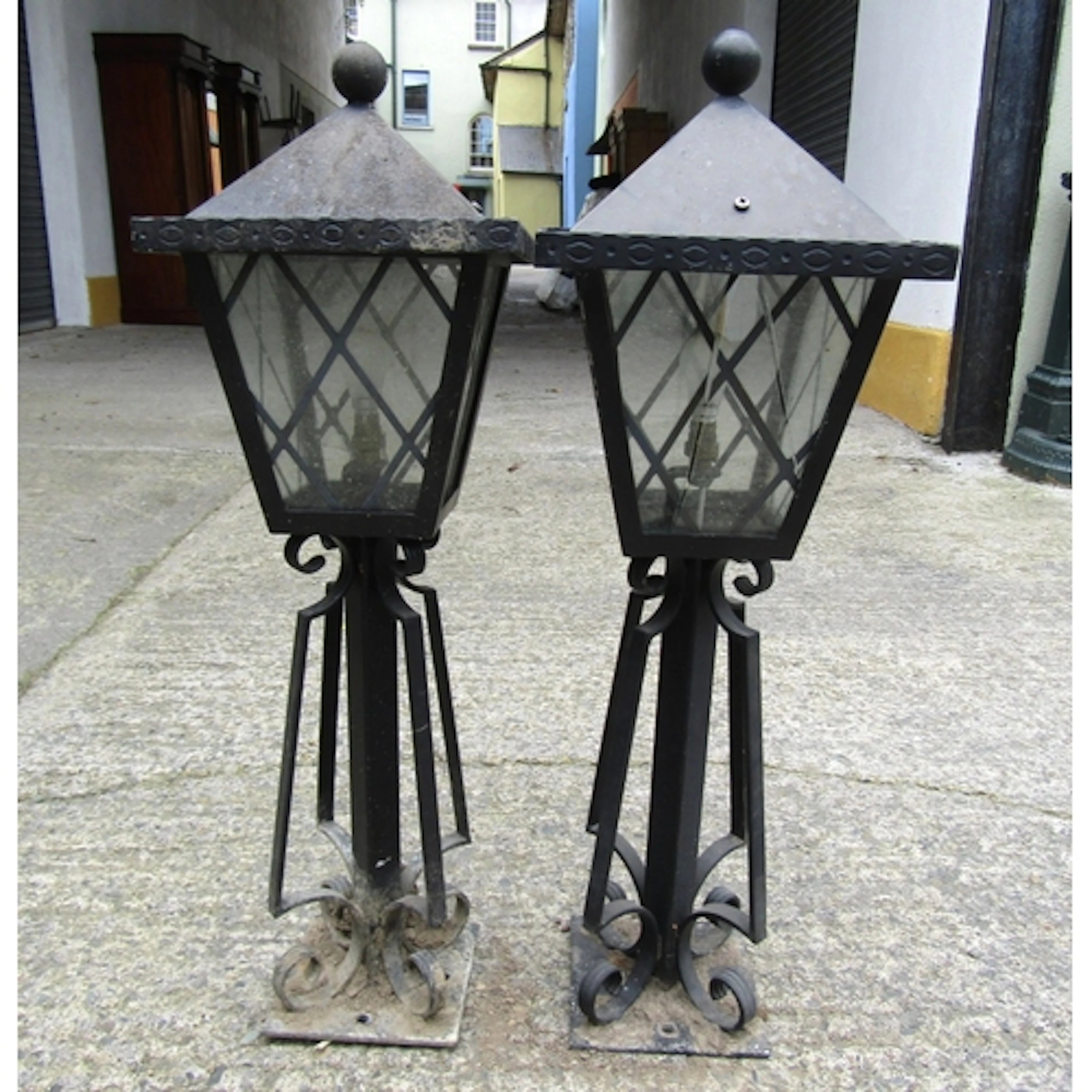 Pair of Wrought Metal Pillar Lanterns Electrified Working Or...