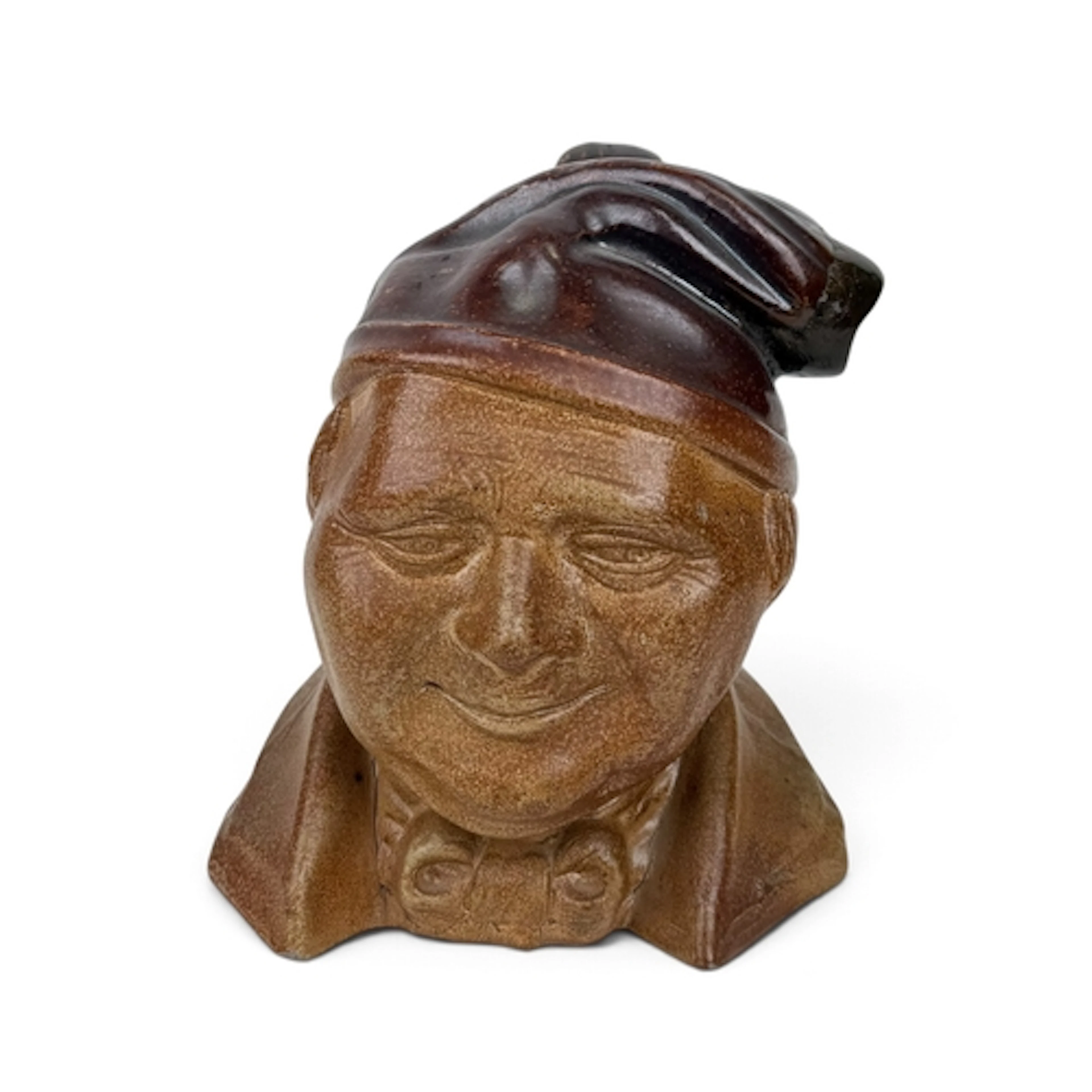 A VICTORIAN SALT-GLAZED STONEWARE FIGURAL SPIRIT FLASK, SCOU...