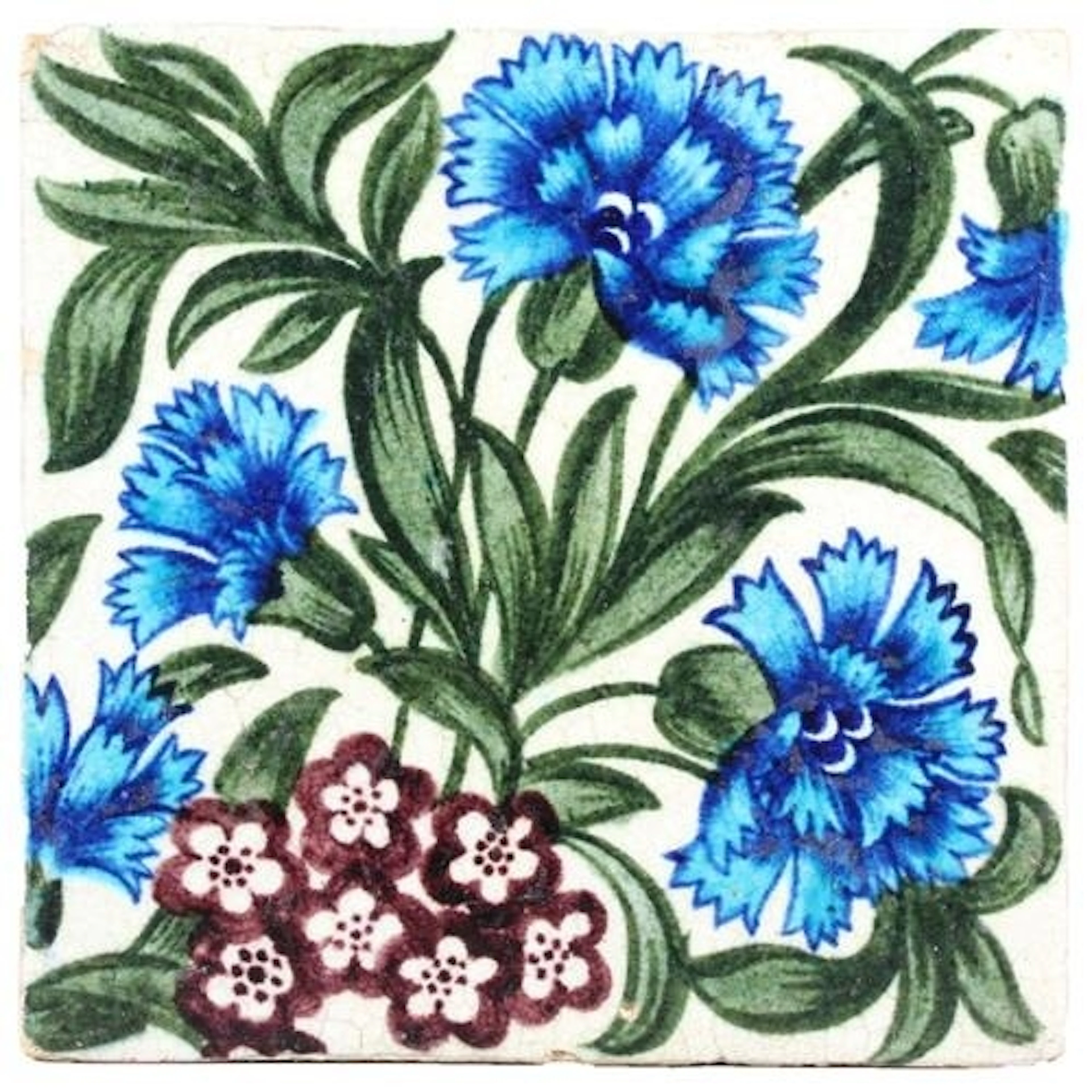 William De Morgan Arts and Crafts ceramic floral tile in blu...