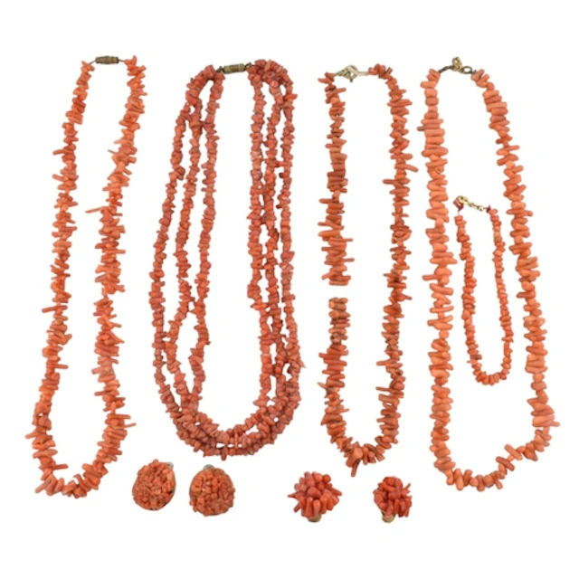 Mid century style collection of coral jewellery. Seven items...