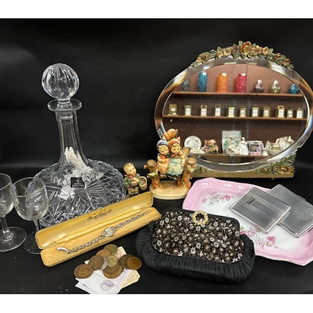 A Barbola mirror, two West German figures, one a/f, two ciga...