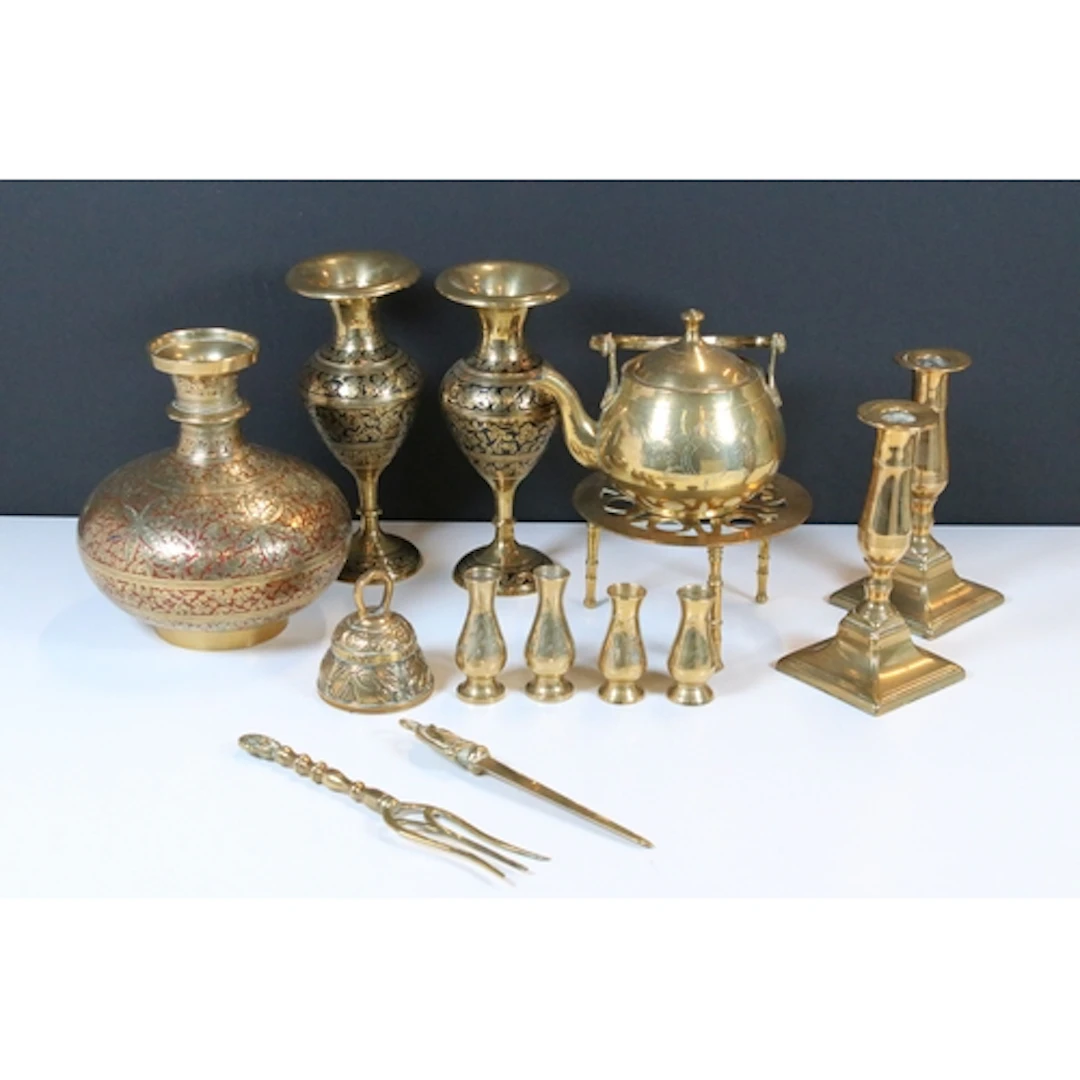 Collection of brassware, to comprise candlesticks, pair of v...