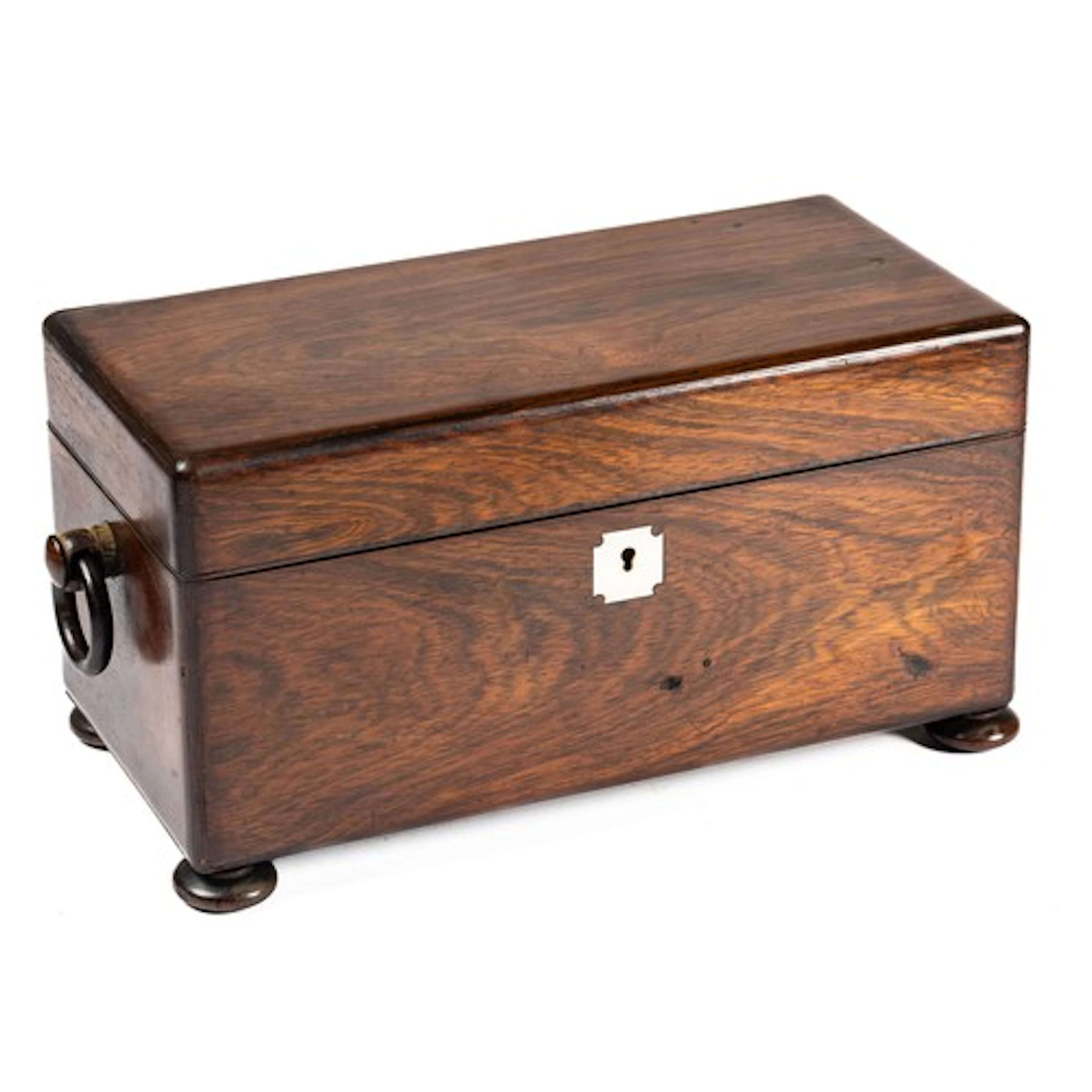 A 19th century tea caddy, rectangular form with ring side ha...