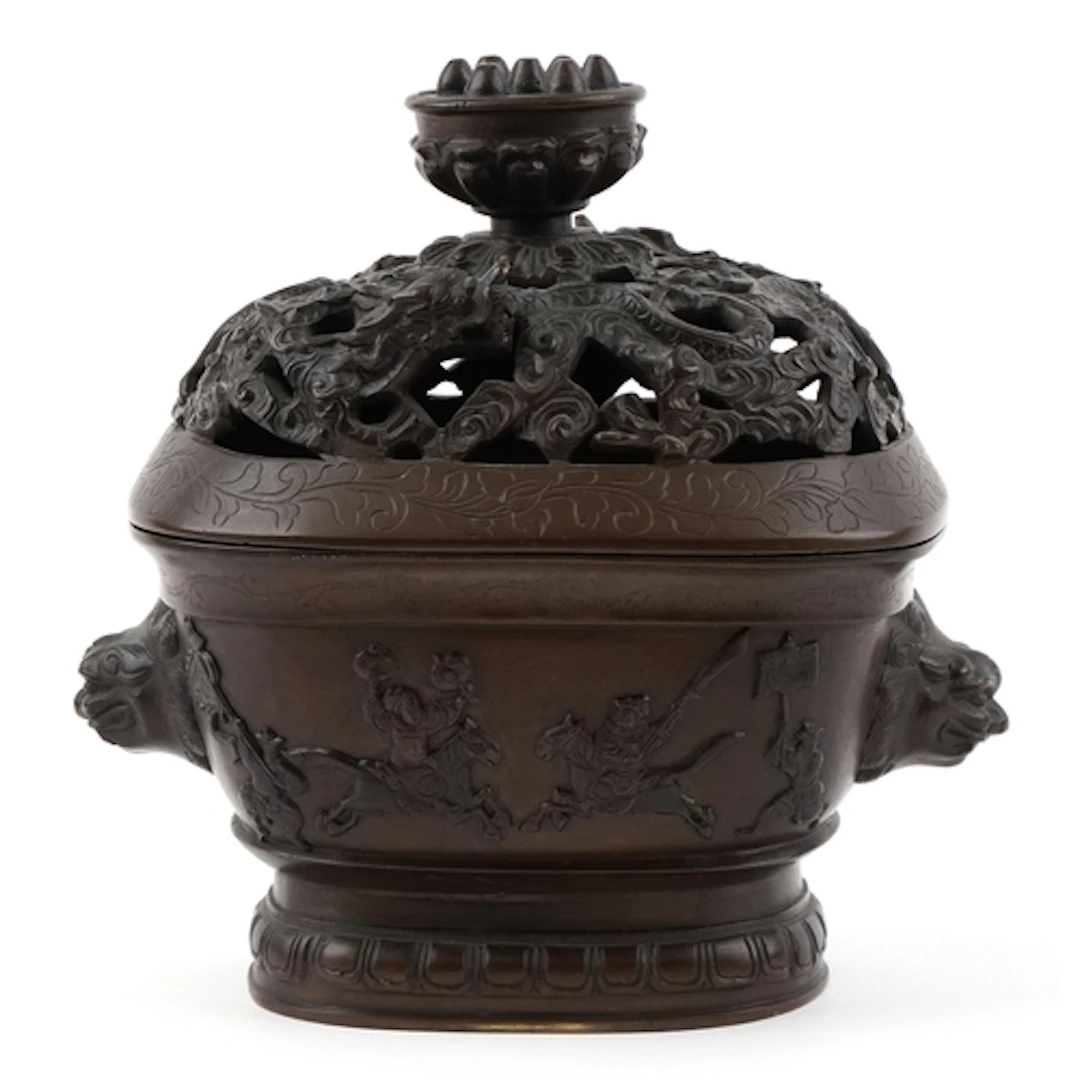 Chinese patinated bronze censer and cover relief decorated a...