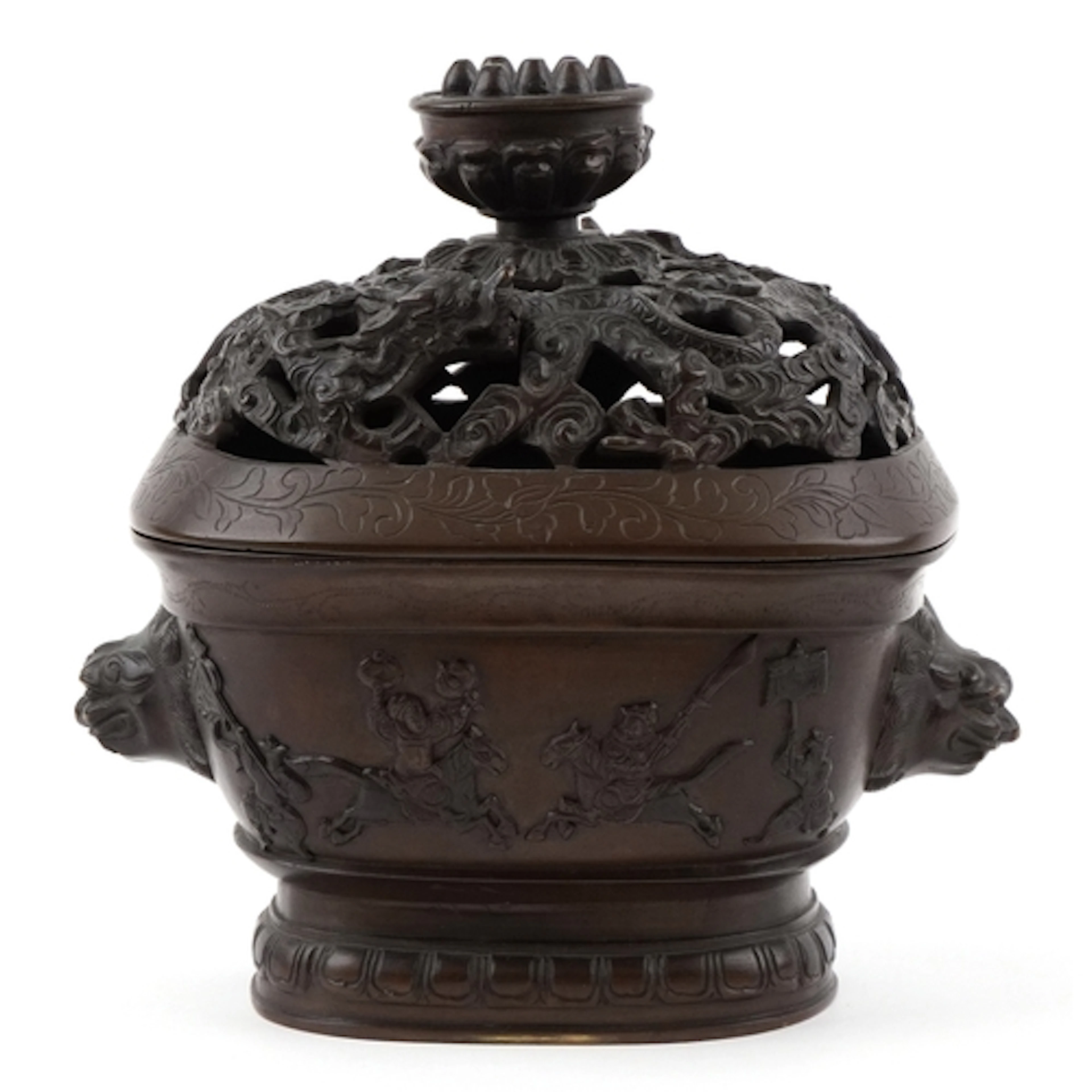Chinese patinated bronze censer and cover relief decorated a...