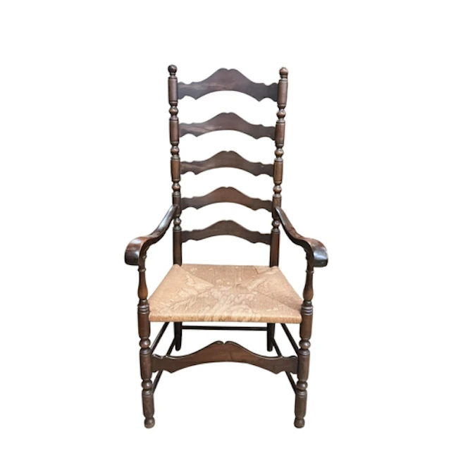 An American rush seat ladder back elbow chair, width 61cm, d...