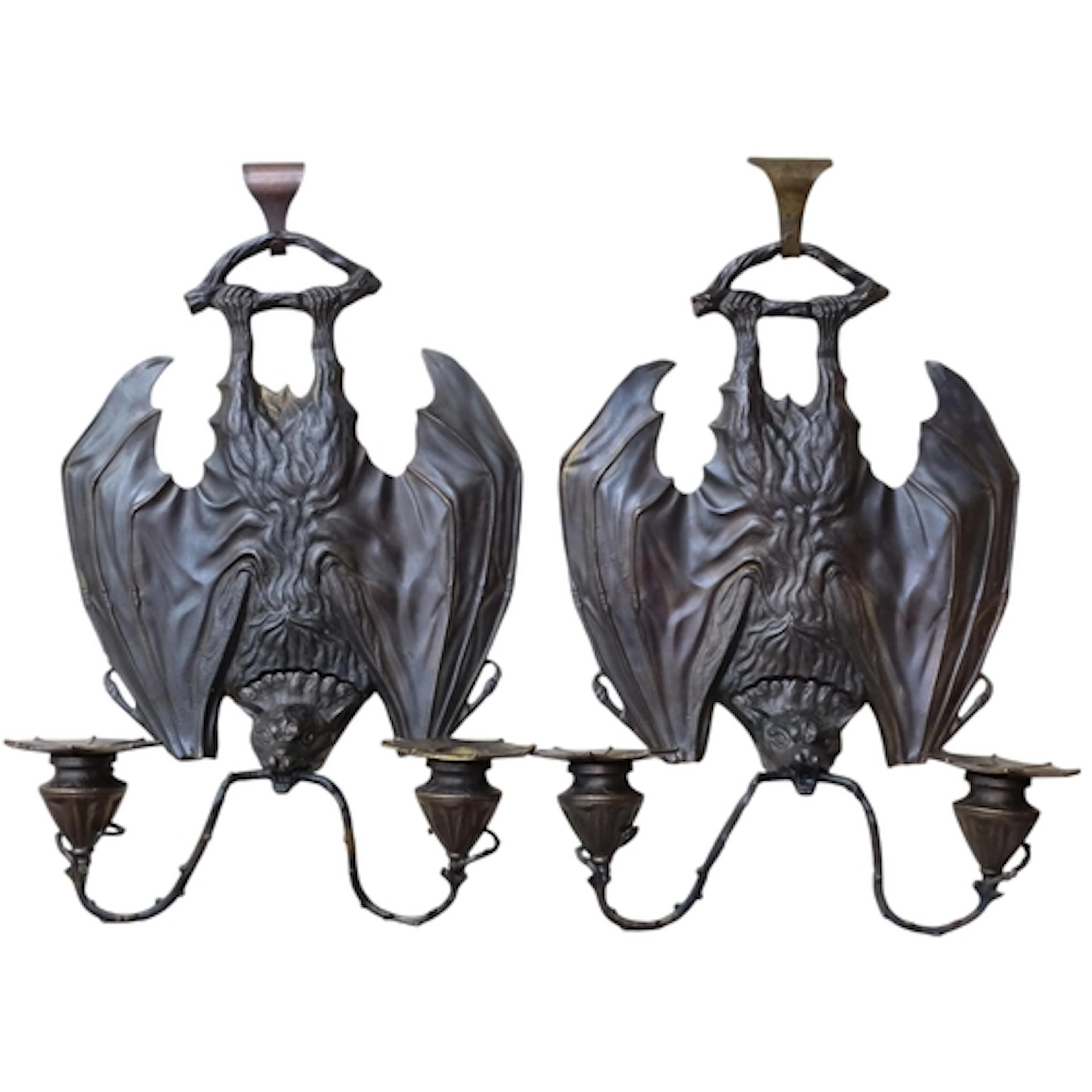 GOTHIC INTEREST - a pair of cast-bronze bat design 2-branch ...