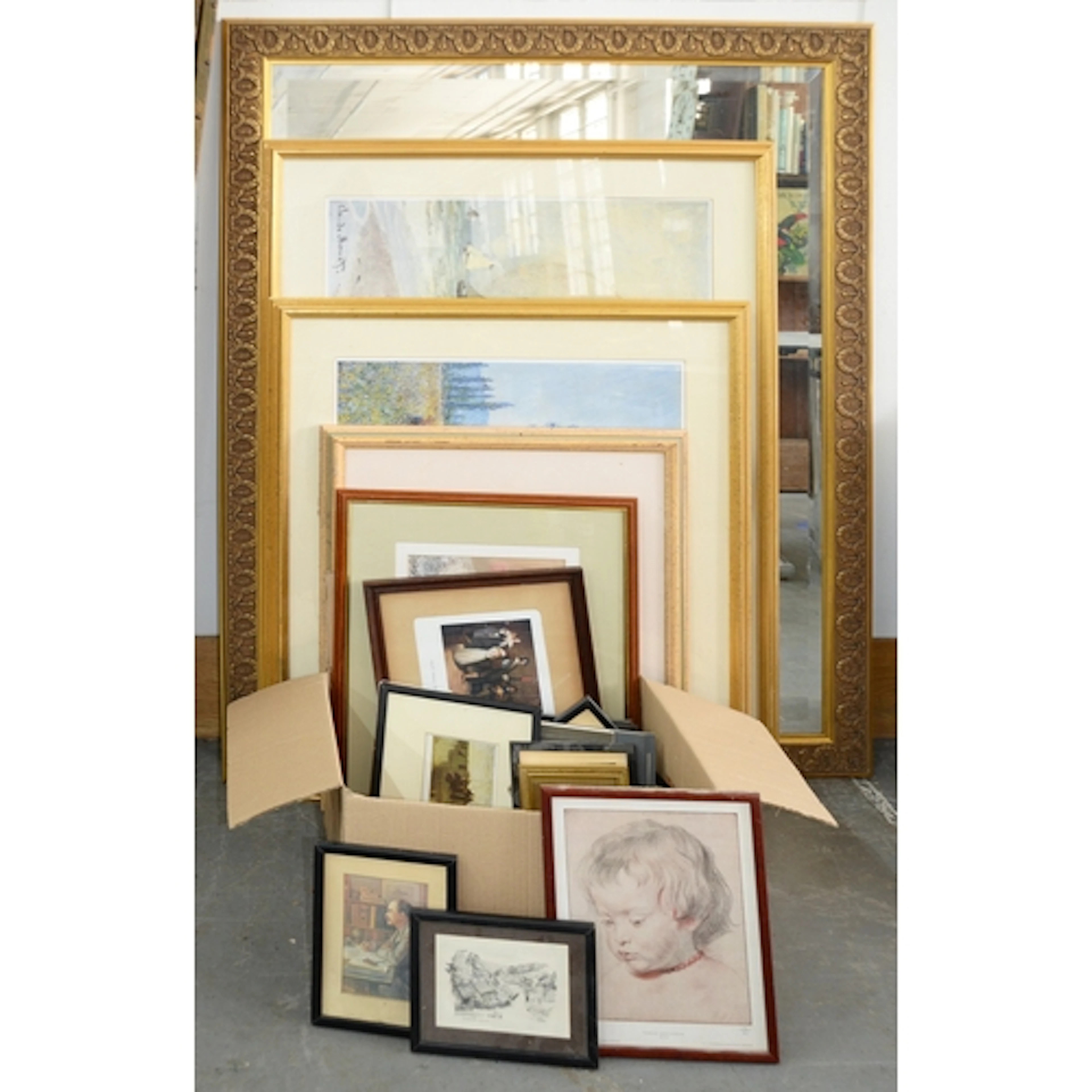 Miscellaneous pictures, prints and mirrors, to include antiq...
