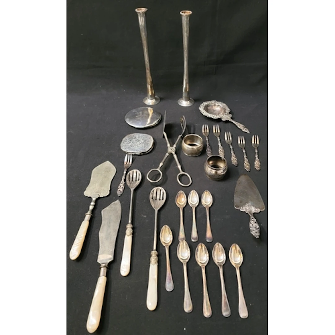 COLLECTION OF SILVER PLATED ITEMS including monogrammed napk...