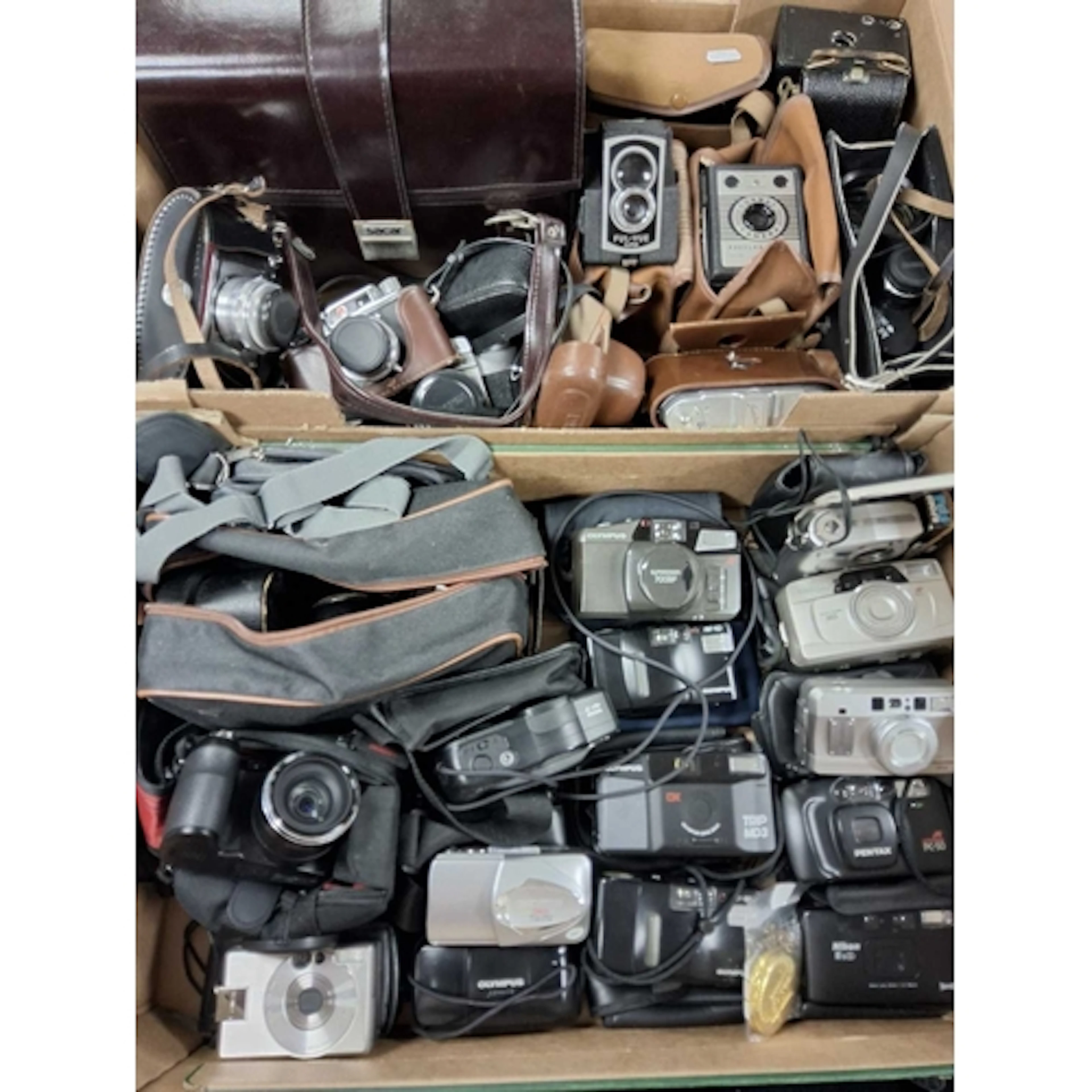 TWO BOXES OF CAMERAS, ACCESSORIES AND A MASONIC INTEREST POC...