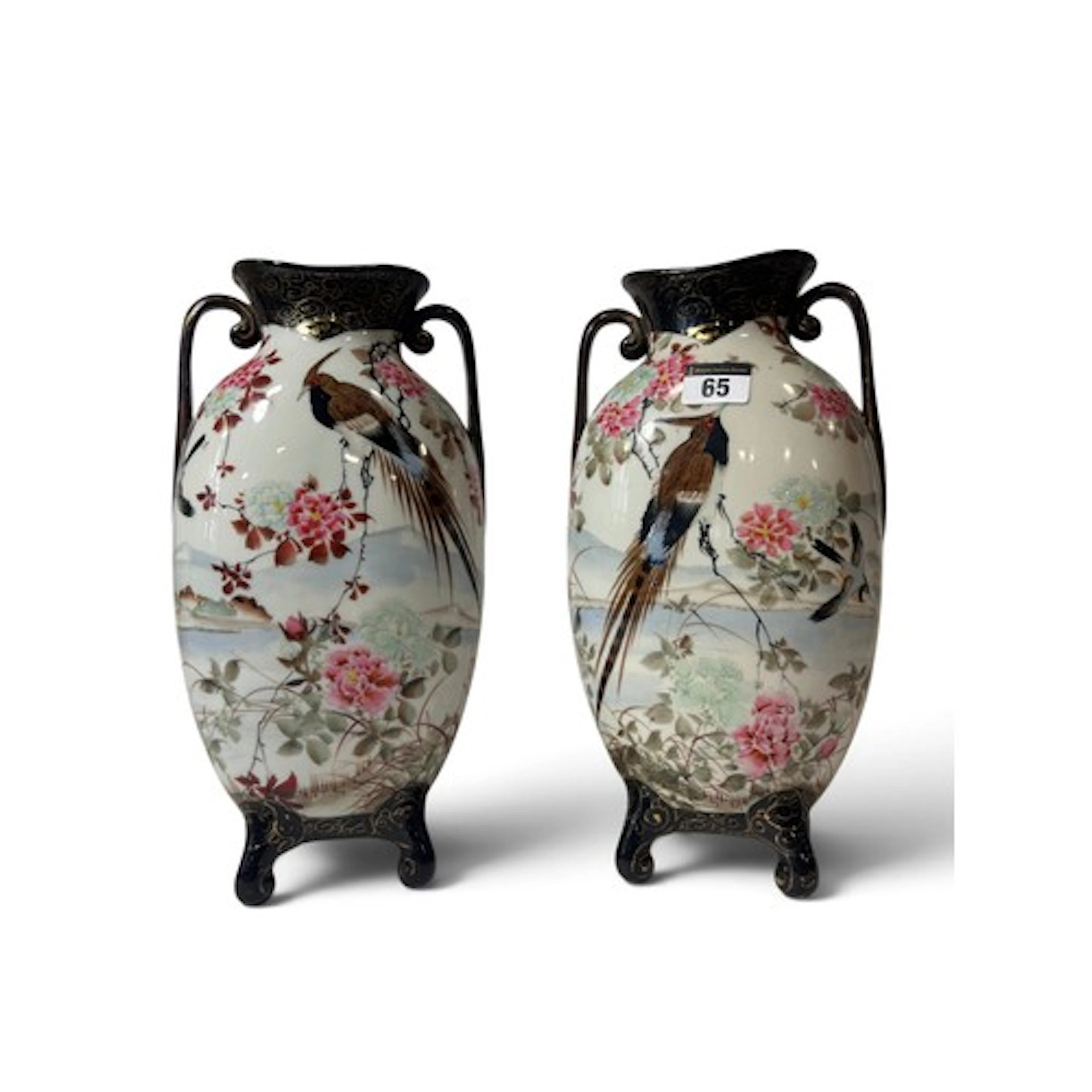 A pair of early 20th century Japanese vases with hand painte...