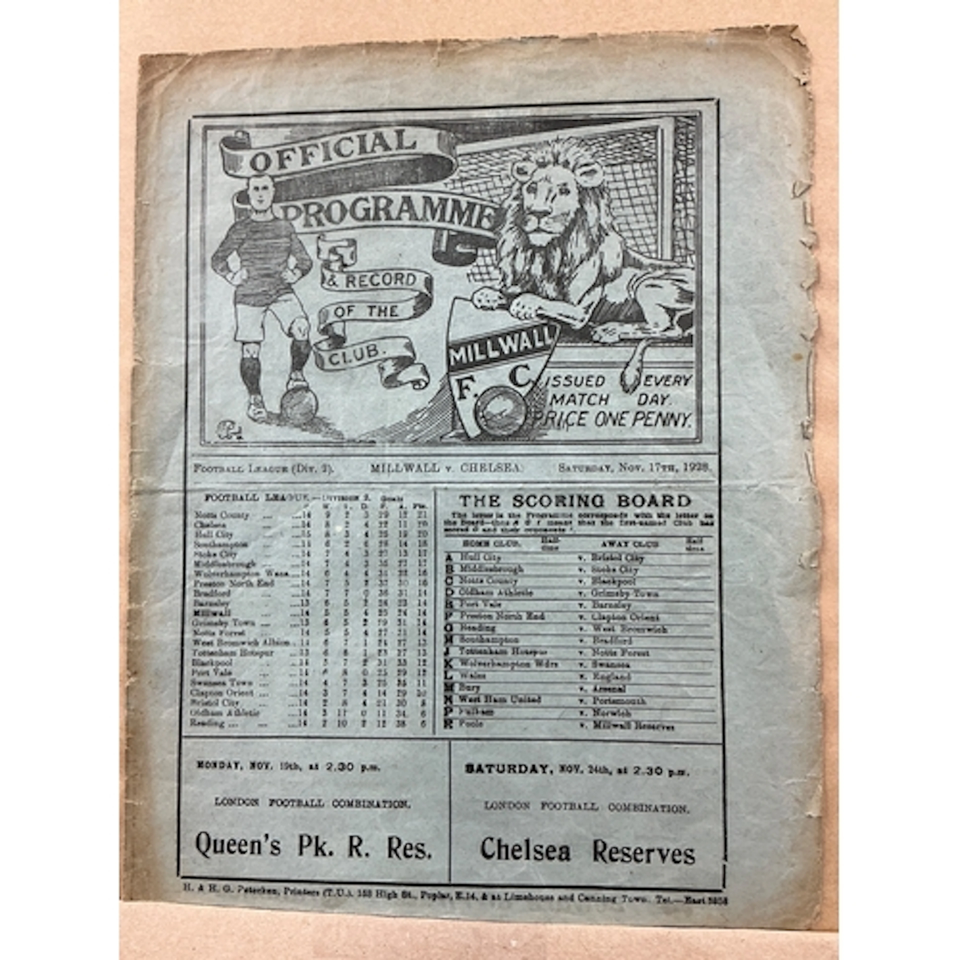 1928 - 1929 Millwall v Chelsea Football Programme: Ex bound ...