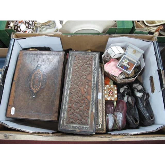 Collectables, including decorative wooden boxes with geometr...